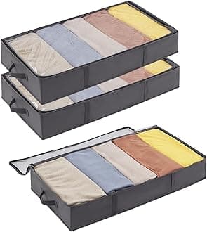 Lifewit 3 Pack UnderBed Storage Bags with Lid, Clothes Storage Boxes Foldable Under bed Storage Organizer with Reinforced Handle Thick Fabric Clear Window for Clothes Blankets Shoes, 65L, Grey