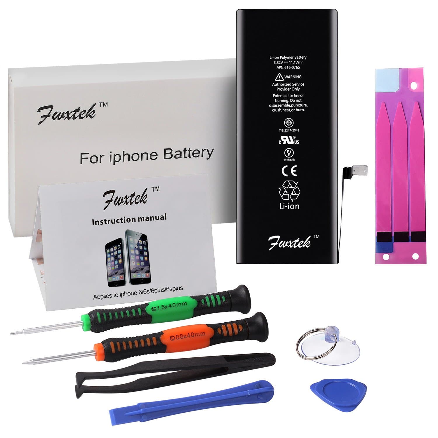 Battery Charger Internal Li-ion Replacement for iP 6 Plus (Not 6, 6S or 6S Plus) with Complete Repair Tools Kit and Instructions by Fwxtek - 1 Year Warranty