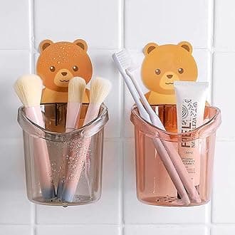 Wolpin Toothbrush Holder (Set of 2) | Self Adhesive Kids Bathroom Organizer Stand for Toothpaste Brush Comb Lotion | Cute Teddy Bear Design Plastic Cup Drain Holder for Wall Mount Use
