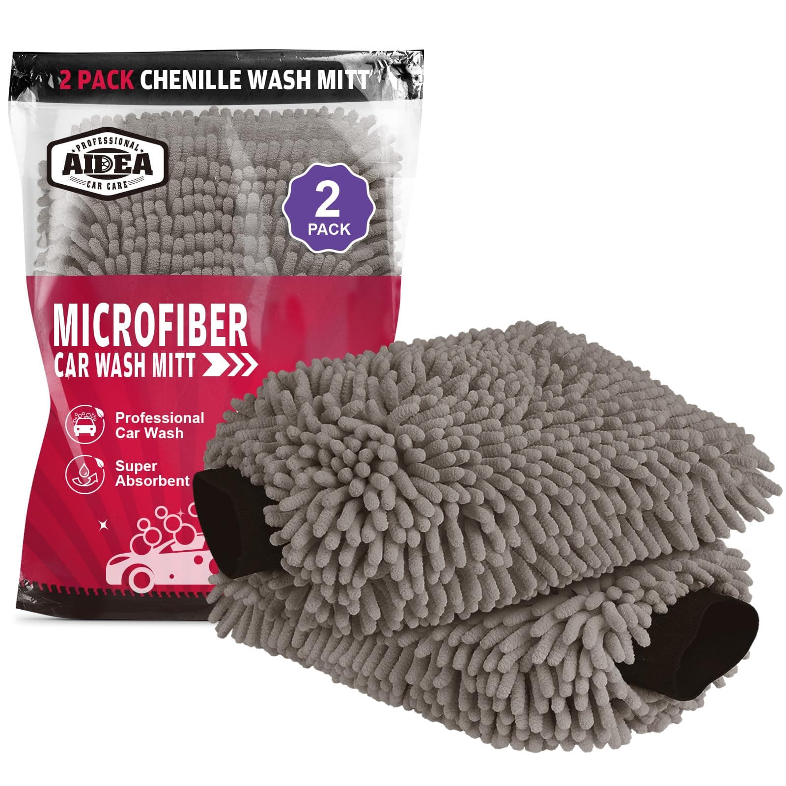 Aidea Car Wash Mitt Microfiber-2Pack, Scratch & Lint Free, Premium Chenille Microfiber Wash Mitt-Grey Regular Size (7.12'X10.14')