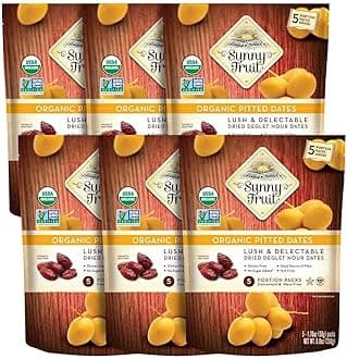 Sunny Fruit Organic Dried Pitted Deglet Nour Dates - 6 Bags (30 Individual Portion Packs) | No Preservatives, No Sugar Added | Healthy, Convenient Superfood Snack Packs | ORGANIC, NON-GMO, HALAL, KOSHER