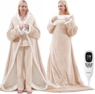 VOLISUN Wearable Heated Blanket with Foot Pocket,Electric Snuggle Throw Blanket with Sleeves,9 Heating Levels & 1-10 Hours Auto Shut Off,50x70 Inch,Beige