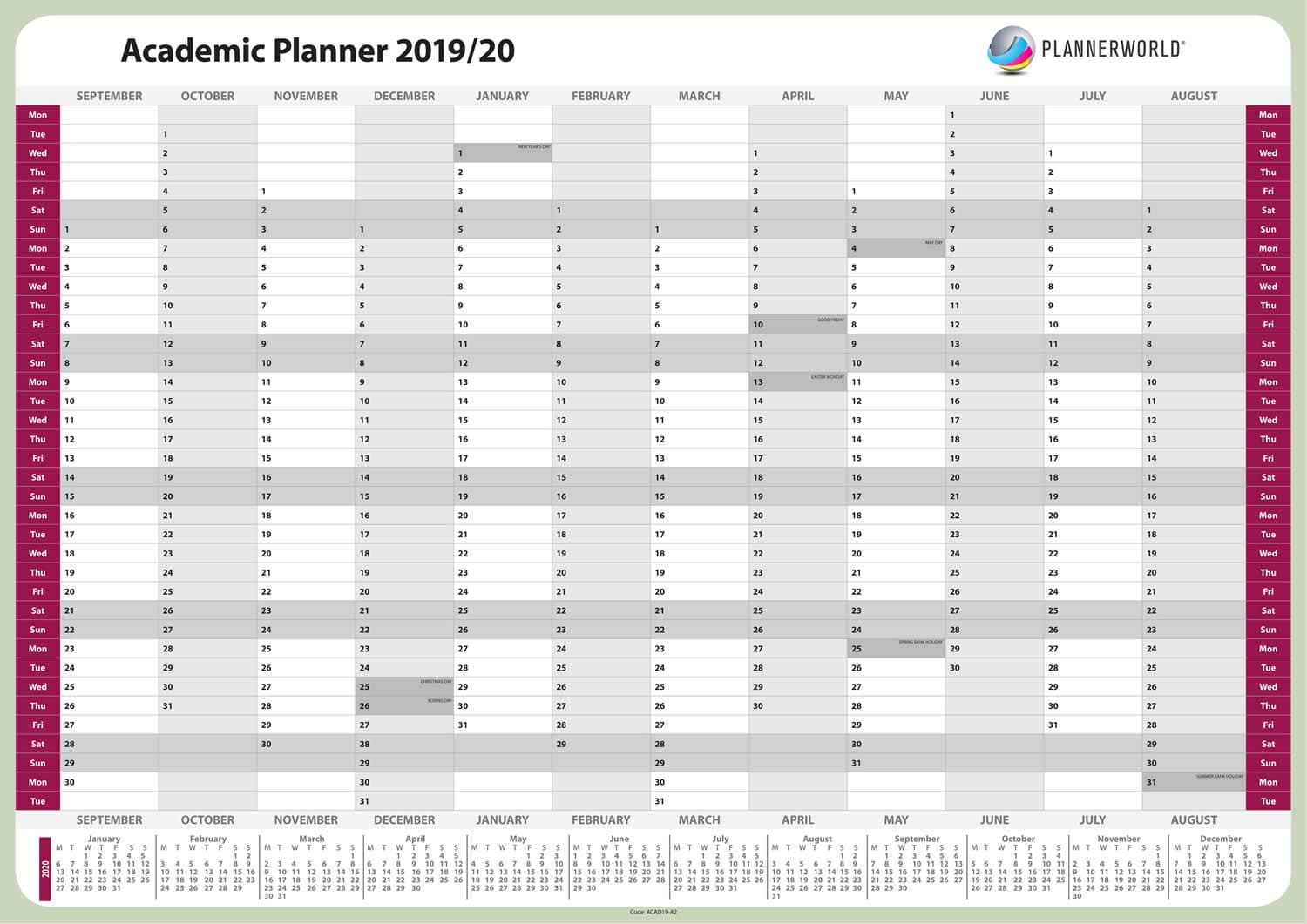 High Quality A1 LAMINATED STUDENT ACADEMIC YEAR WALL STUDENT CALENDAR PLANNER 2019/20 (aca1-flat), by Plannerworld
