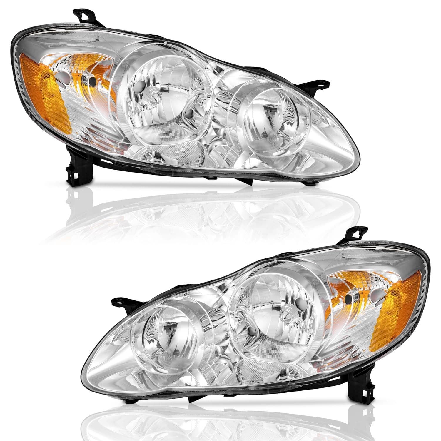 Headlights Compatible with 2003-2008 Toyota Corolla, Headlamp Assembly Replacement Chrome Housing Amber Reflector Left+Right Side