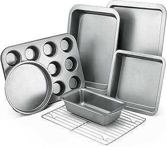 KITESSENSUBaking Pans Sets, Nonstick Bakeware Set 7-Piece with Round/Square Cake Pan, Loaf Pan, Muffin Pan, Cookie Sheet, Roast Pan, Cooling Rack, Carbon Steel Bake Set,Silver