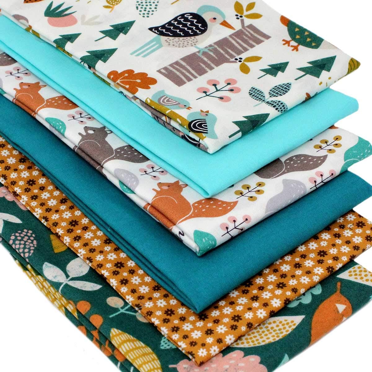 6 Fat Quarters Bundle -"Wild Forest" Fabrics in Fun Animals & Bird Designs. Ideal for Quilting and Crafting. 100% Cotton (Includes Free Patchwork Pattern by Overdale Fabrics)