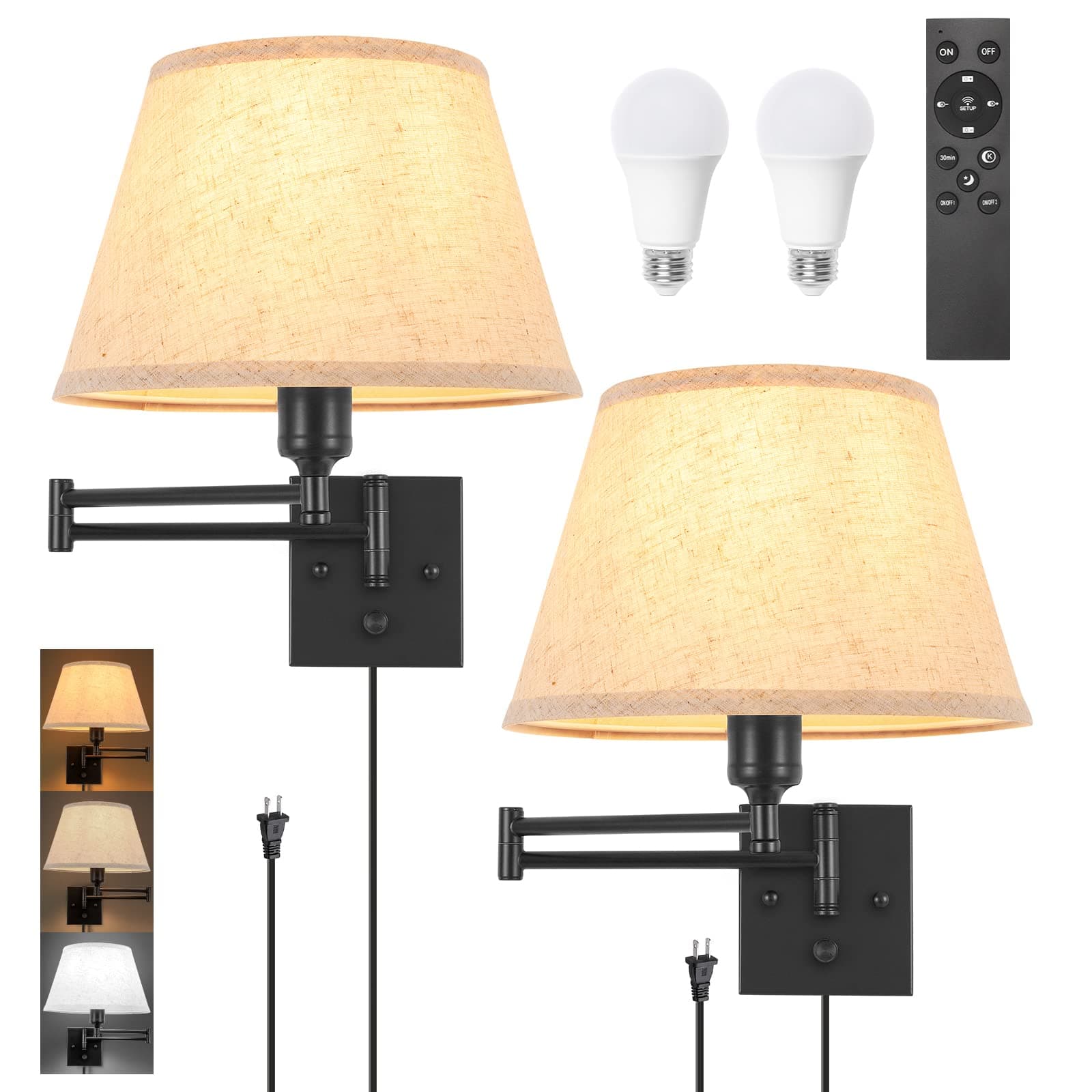 TRLIFE Wall Sconce Plug, Remote Control Dimming100% and Adjustable Color Temperature 2700K-6500K Swing Arm Wall Lights Plug In Cable, 30 cm Large Beige Fabric Shade (2 Pack, 2 Bulbs)