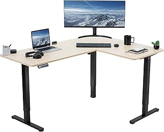 VIVO Electric Corner 63 x 47 inch L-Shaped Standing Desk, Memory Height Adjustment, Light Wood Top Black Frame, DESK-E3CTC-47