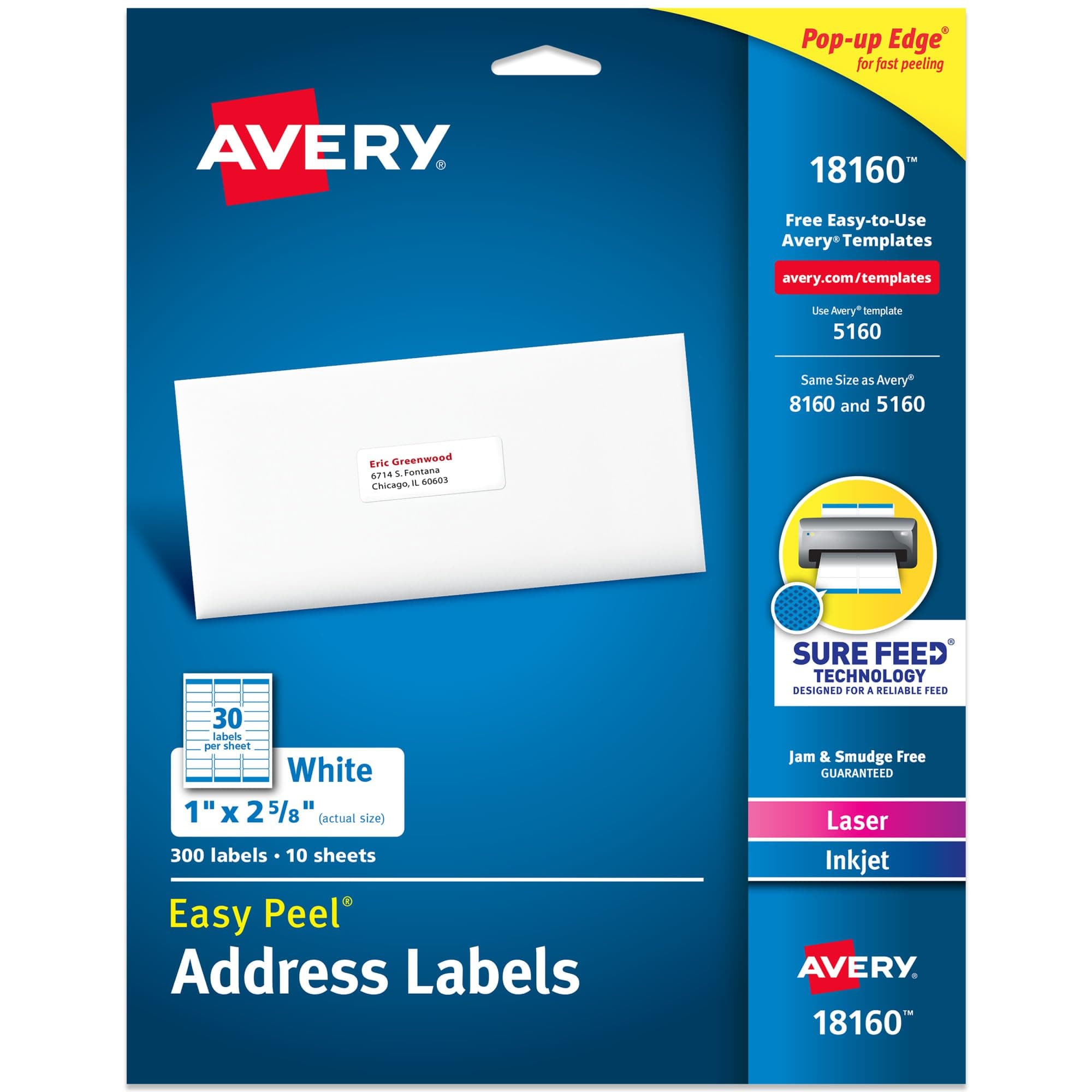 Address Ink Jet Labels, 1 x 2-5/8 Inches, White, 30 Up, 10 Sheets (18160)