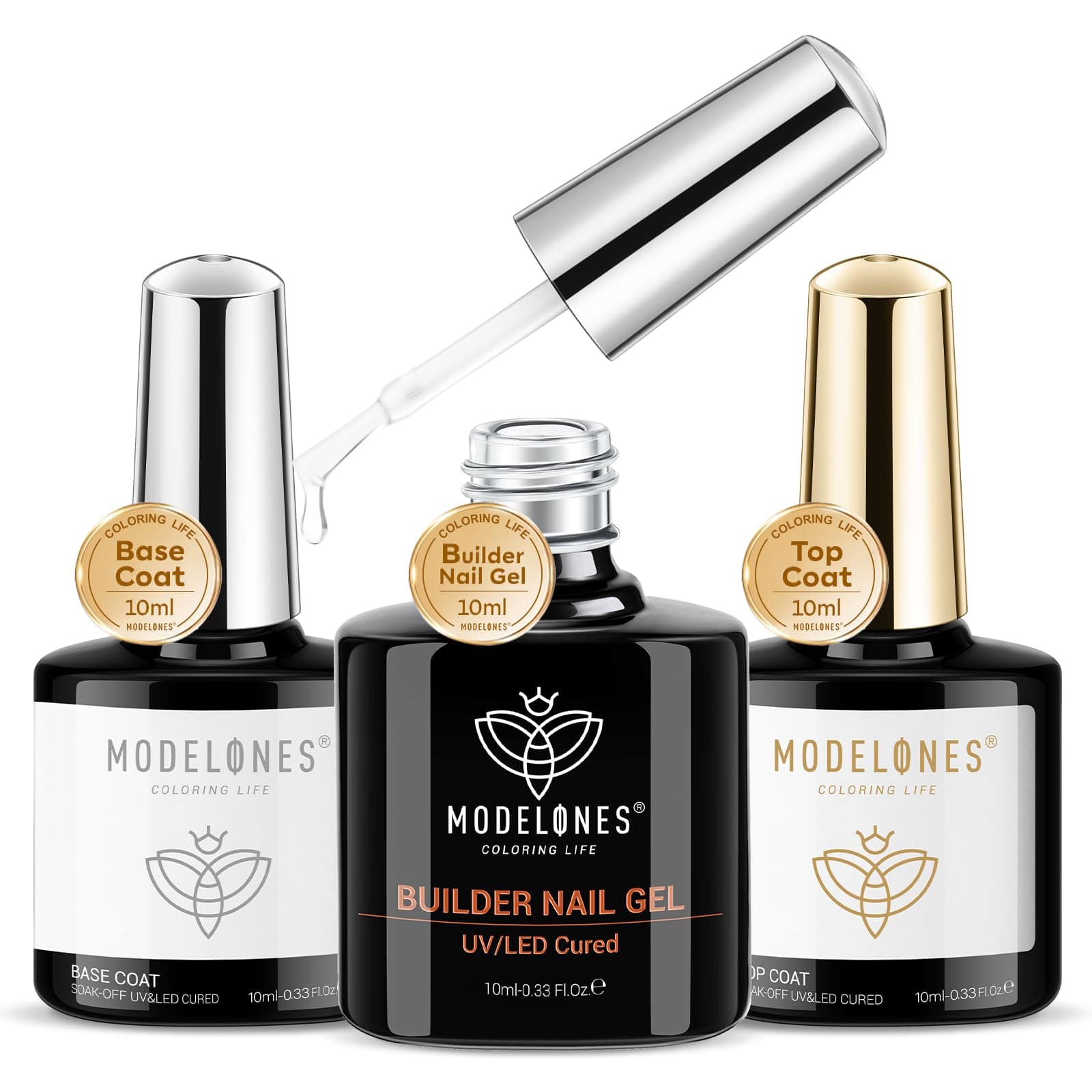 Builder Gel with Base and Top Coat Set, 3Pcs No Wipe Base and Top Coat Gel Nail Polish with Gel Builder for Nails, Transparent Builder Strengthener Hard Gel Builder Gel in a Bottle 10ML