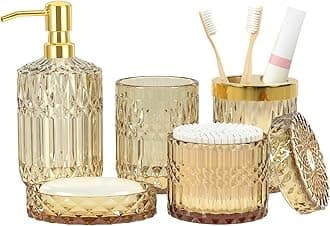Brown Bathroom Accessory Set 5PCS - Amber Glass Bathroom Accessories with Toothbrush Holder Set, Soap Dispenser, Soap Dish, Tumbler, Cotton Swab Jars, Vintage Bathroom Decor Set Housewarming Gift