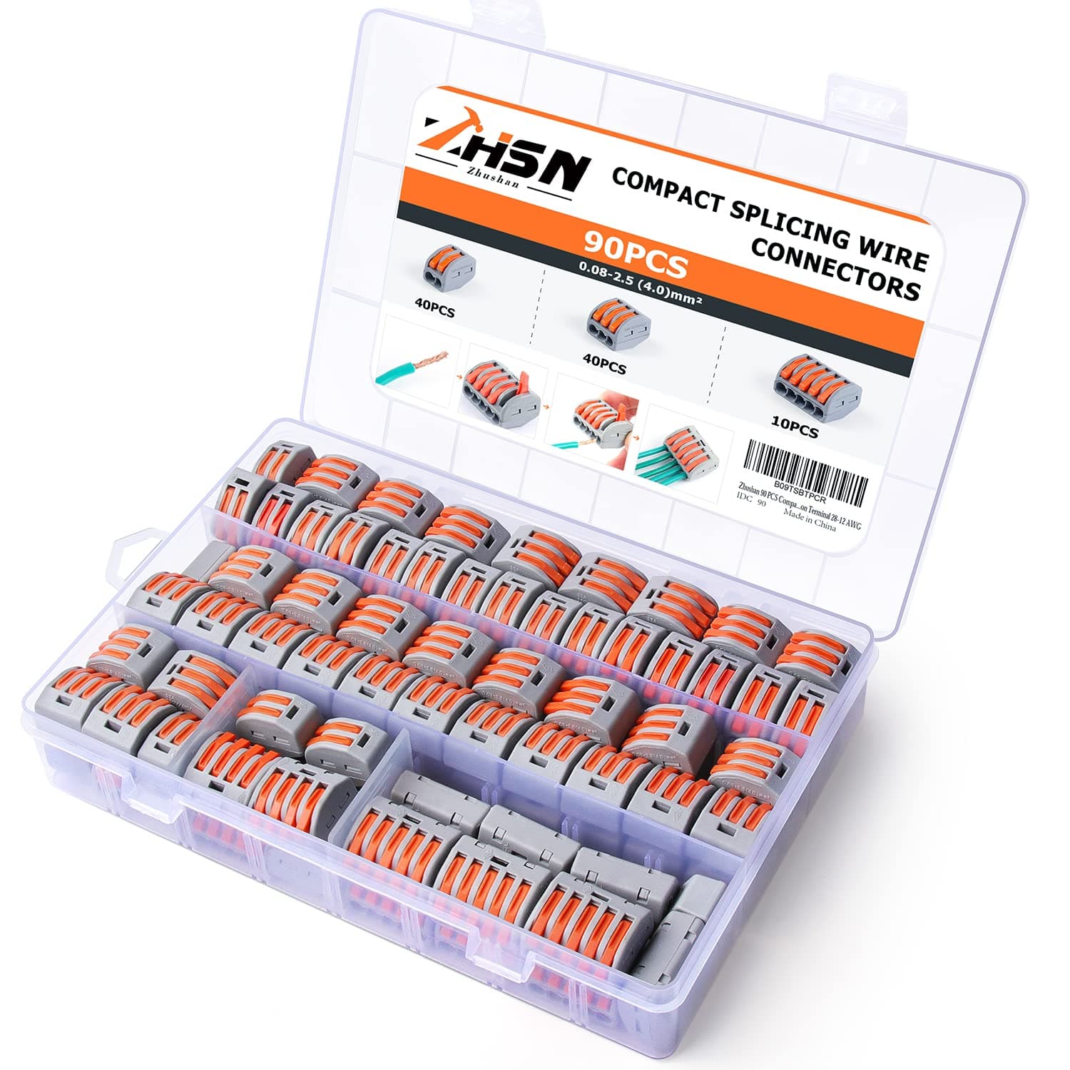 Zhushan 90 PCS Compact Wire Conductor Connector Set,Lever Wire Nut Connector Kit Fast Connection Terminal 28-12 AWG