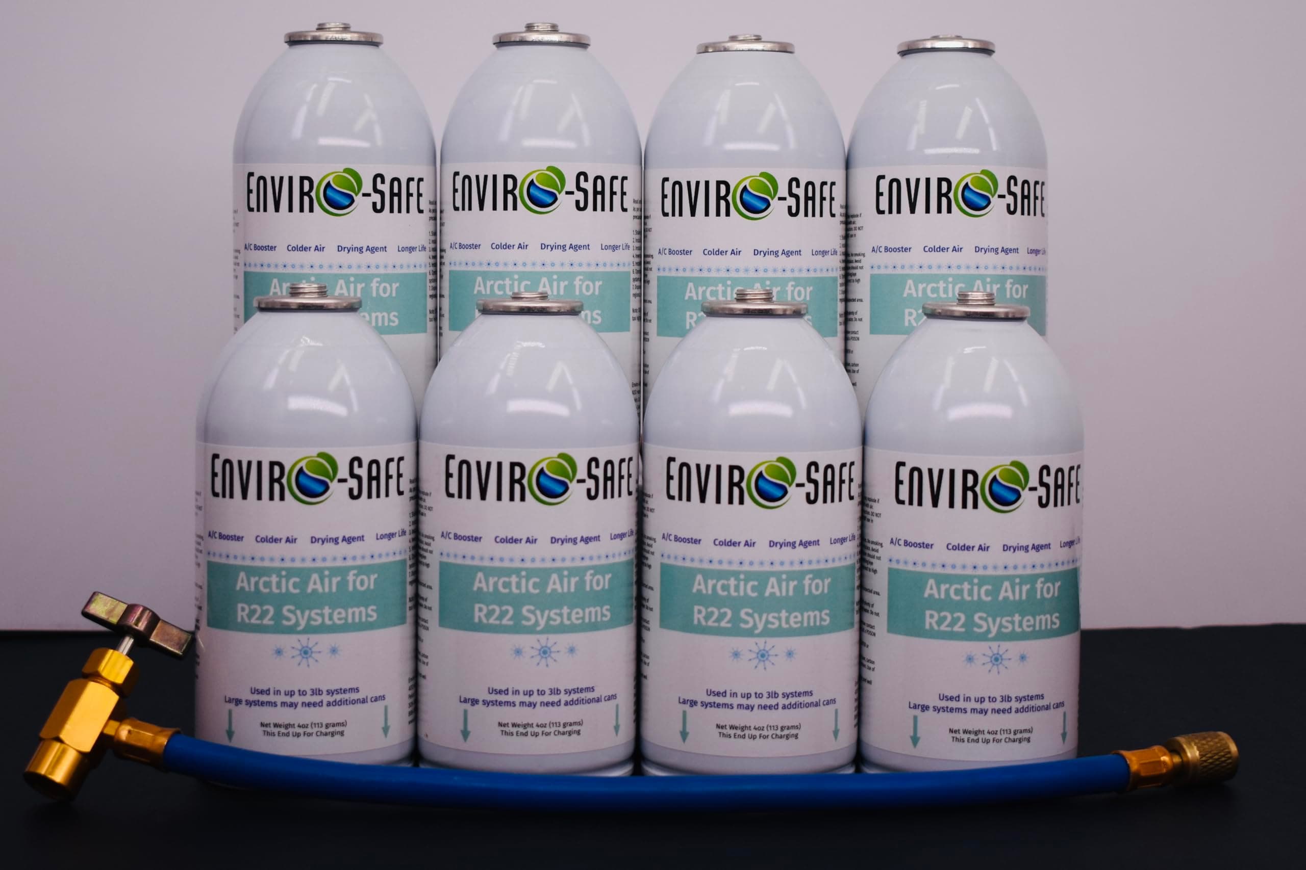 Generic Arctic Air for R22 systems, 8 Cans, Charging Hose, White