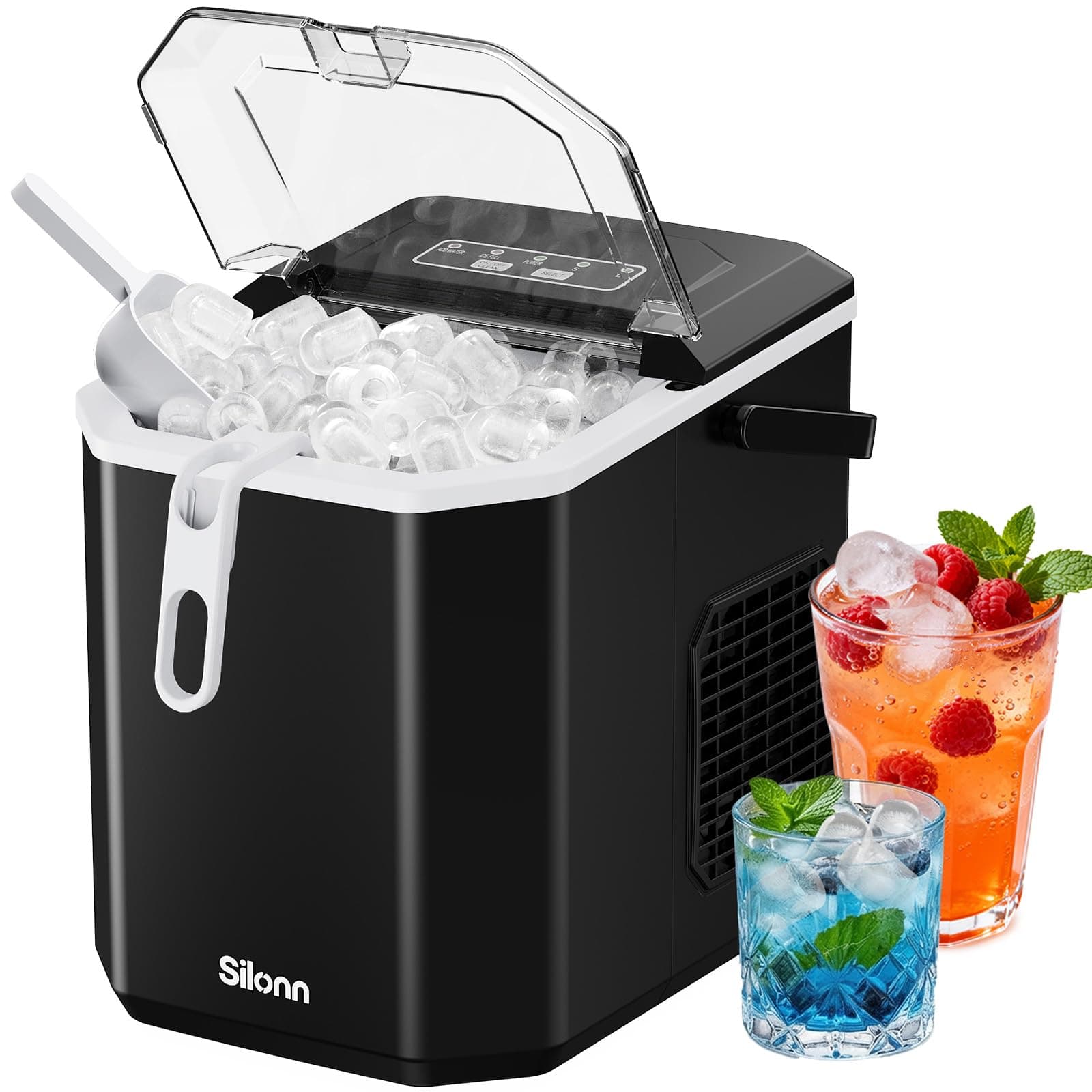Silonn Ice Maker Countertop, Portable Ice Machine with Carry Handle, Self-Cleaning Ice Makers with Basket and Scoop, 9 Cubes in 6 Mins, 26 lbs per Day, Ideal for Home, Kitchen, Camping, RV