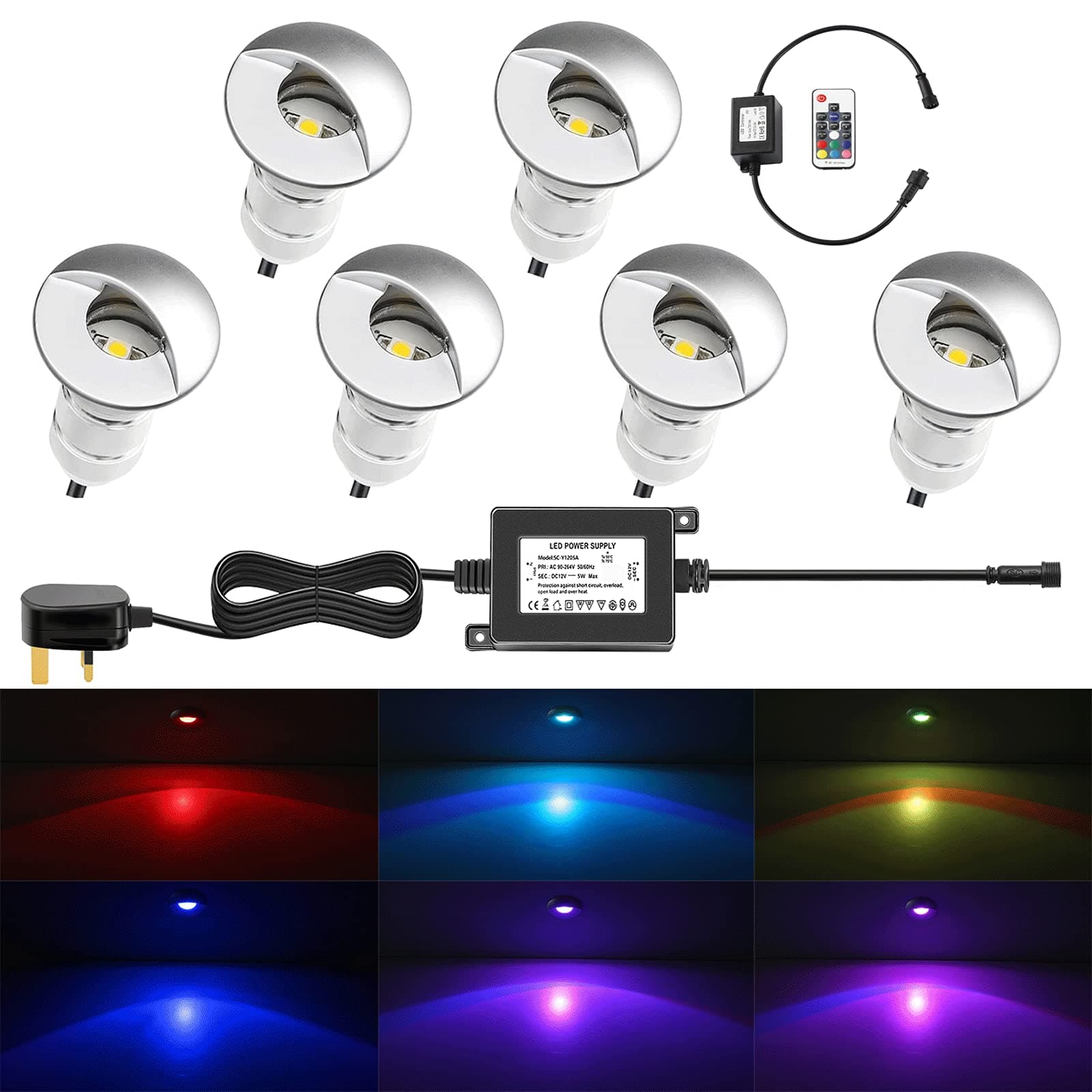 QACA 6Pack LED Deck Lights RGB 12V Low Voltage Floor Spotlight Waterproof IP65 0.8W Ø26mm for Steps Stair Patio Floor Deck Kitchen Plinth Led Landscape Outdoor Lighting