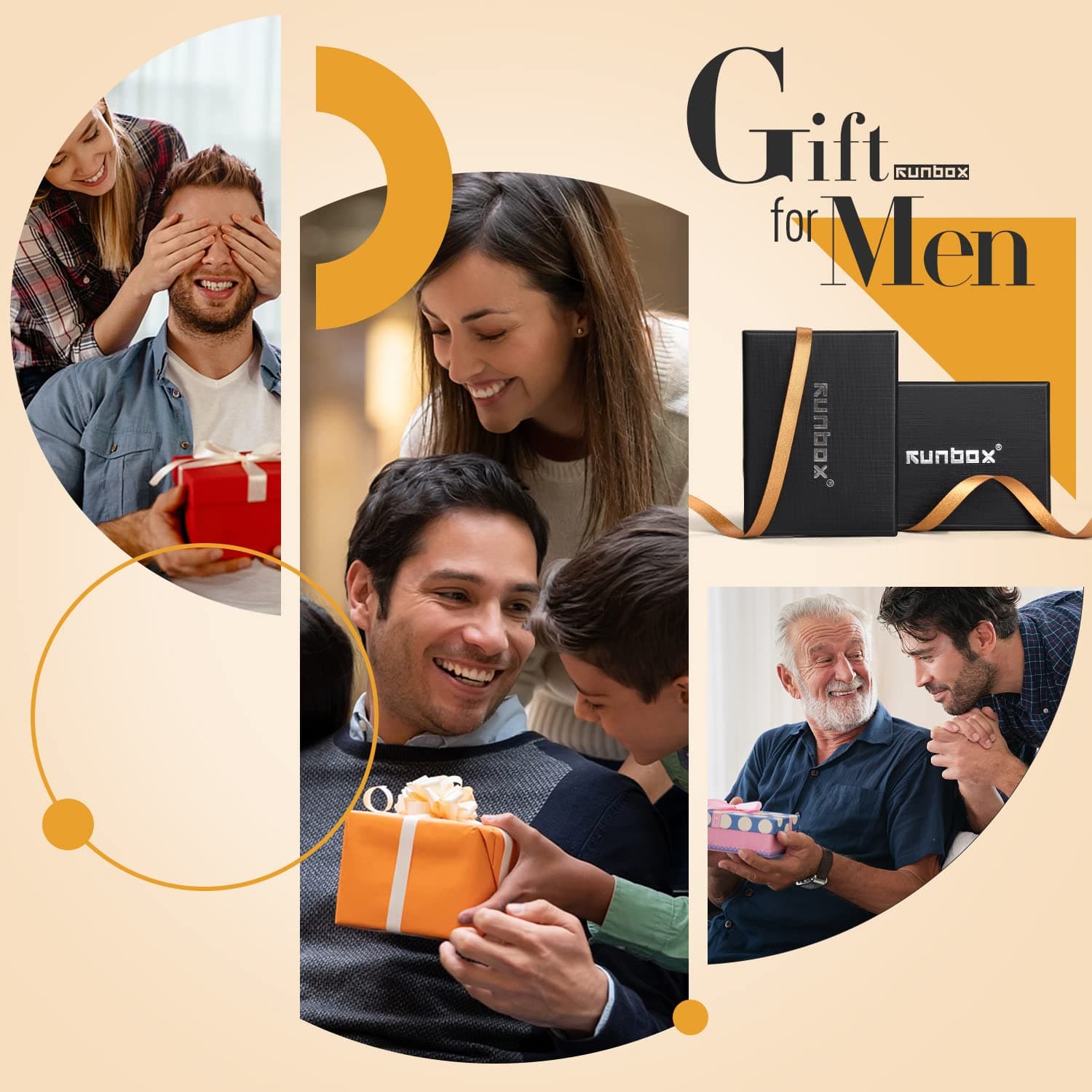 RUNBOX Men's Leather Bifold RFID Blocking Wallet with 2 ID Windows, Black, S, RFID Wallet