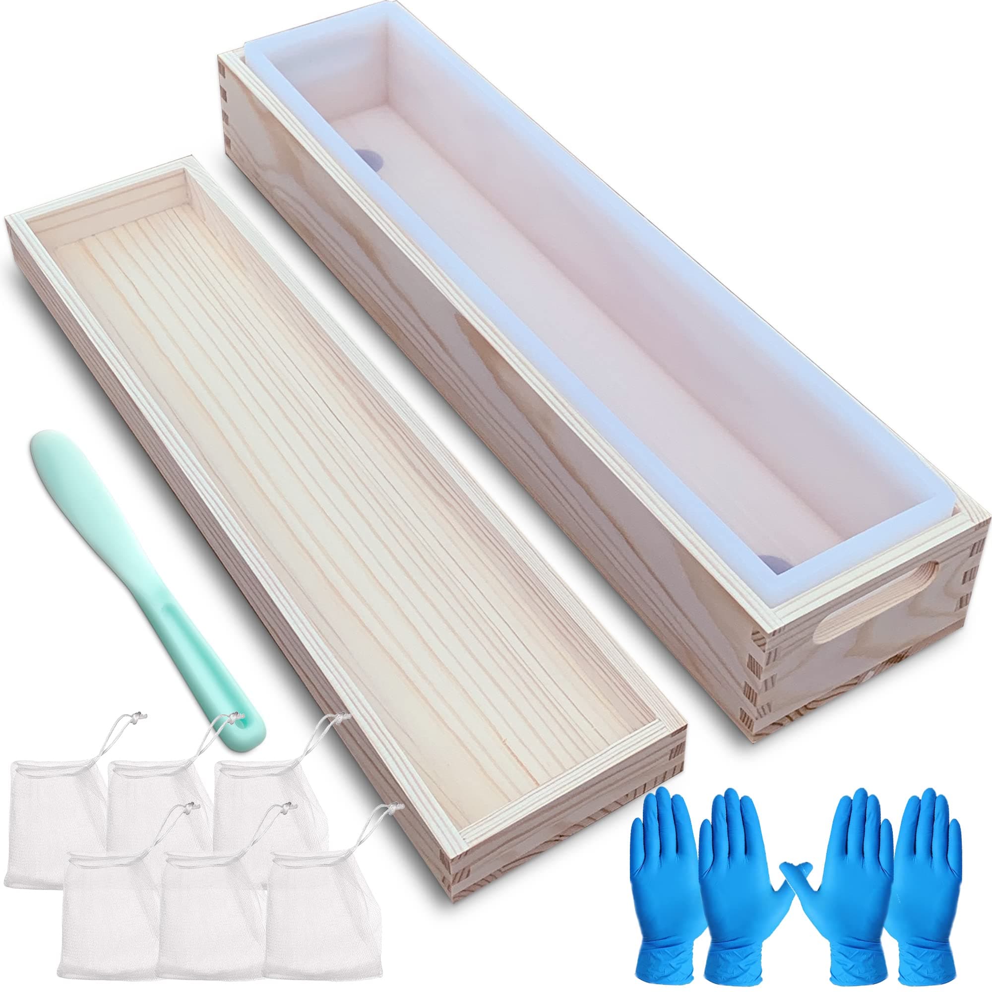 Rectangular soap Mold for soap Making Large Size - 2500ML 80OZ 5lb Large Rectangle Soap Mold Silicone - with Wood Box and Wooden Cover, soap Packaging, Gloves, Stirring Stick