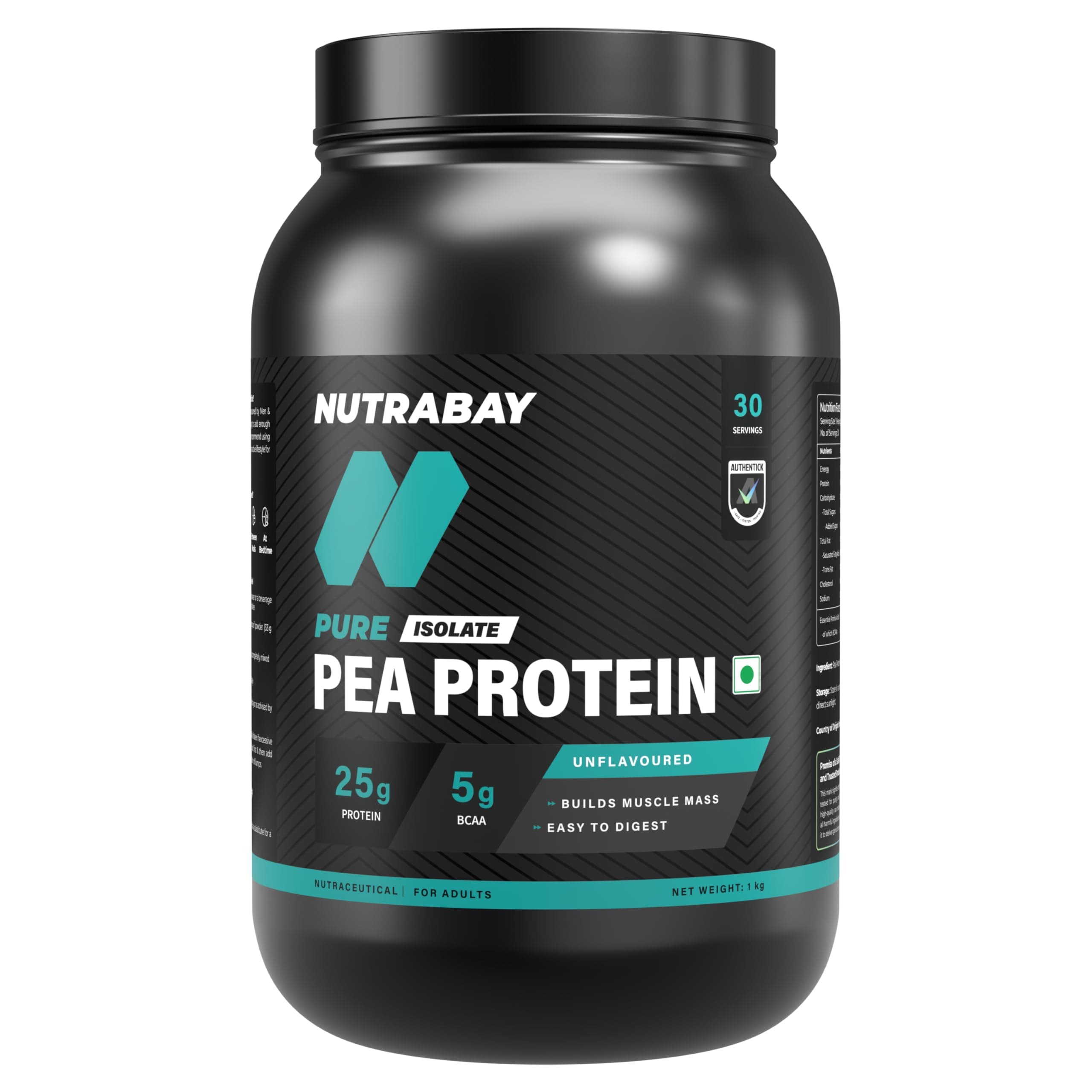 Nutrabay Pure Pea Protein Isolate - 25.3g Protein, 5g BCAA, Designed for Meal Supplementation, Easy to Digest Plant Protein for Muscle Growth & Recovery - 1 Kg Unflavoured, 30 Servings