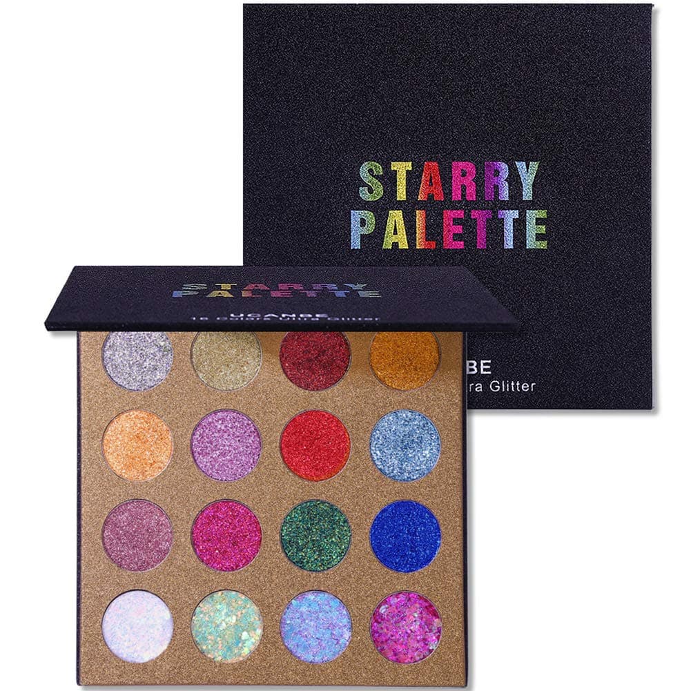 Pro Glitter Eyeshadow Palette START MAKERS Sequin Shimmer Pigmented 16 Colors Chunky Fine Pressed Glitter Highly Pigmented for Face Body