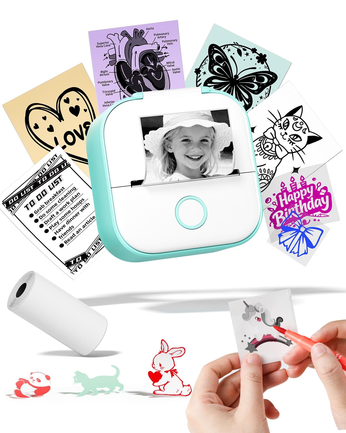 Memoking Sticker Printer - Mini Thermal Printer, T02 Sticker Maker Machine, Portable Bluetooth Pocket Phone Printer, for DIY Journal, Photos, Notes, Kids Gifts, Compatible with iOS & Android, Green