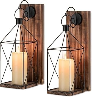 Candle Sconces Wall Decor: Set of 2 Farmhouse Wood Candle Holder Indoor Black Metal Lantern Decorations for Living Room Front Porch Yard