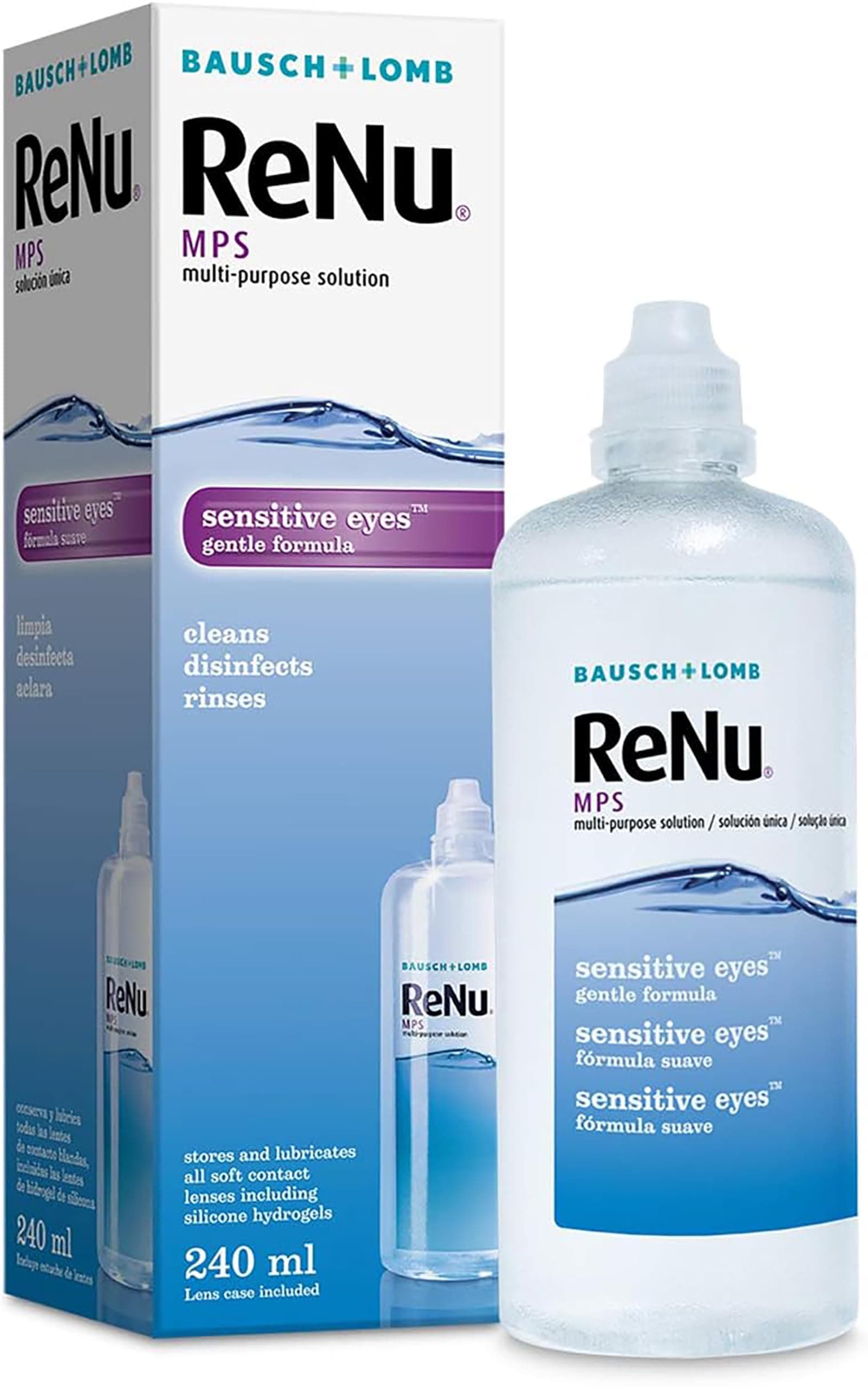Multi-Purpose Contact Lens Solution 240 Ml - For Soft Contact Lenses Comfortable Wear, Gentle On Sensitive Eyes, Clean, Disinfect, Rinse, Lubricate And Store Your Lenses, Lens Case Included