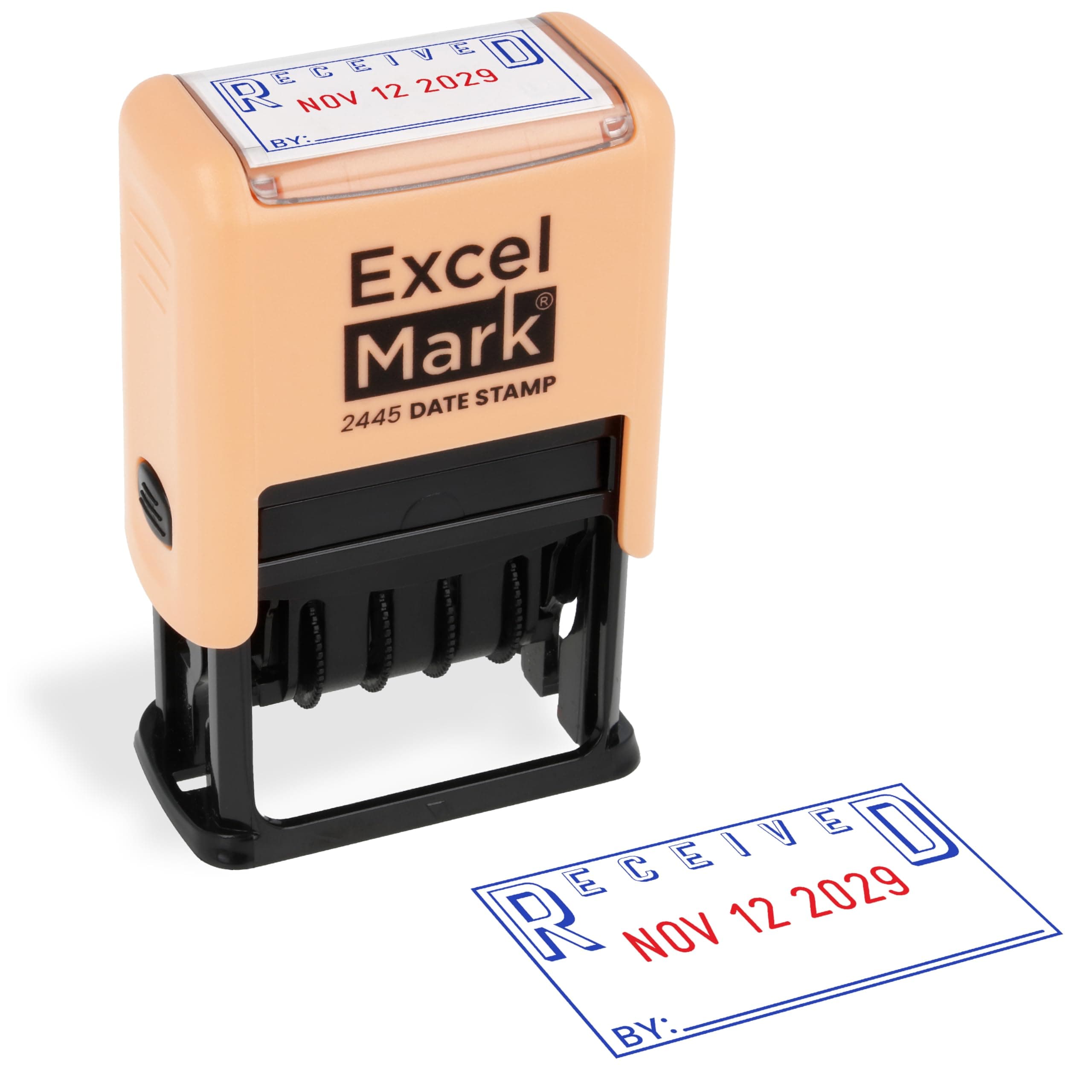 ExcelMark 2445 Date Stamp with Text - Blue and Red Ink (Peach Mount, Received)