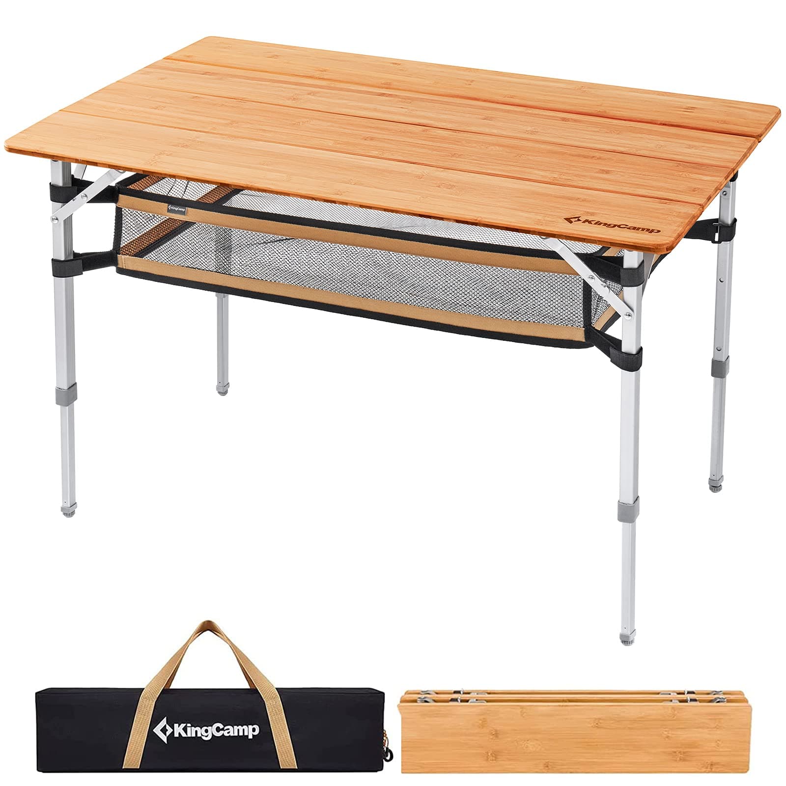 - KingCamp Bamboo Folding Camping Table Adjustable. Supports 176lbs with A Premium Bamboo Top and 3 Adjustable Heights, Ideal for Stable Dining or Cooking at Picnics, RVs, and Glamping Sites