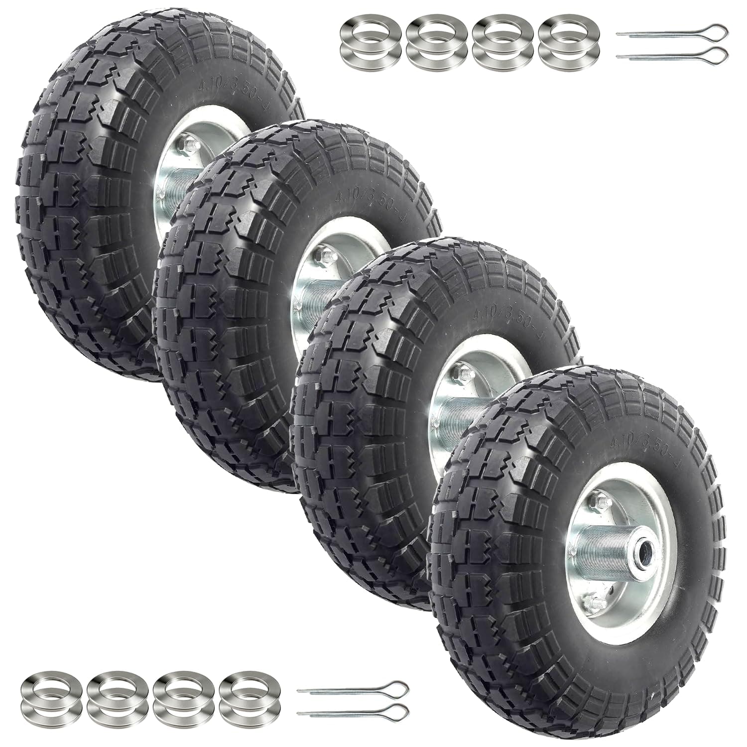 AR-PRO (4-Pack) 10-Inch Solid Rubber Tire Wheels - Replacement 4.10/3.50-4" Flat Free Tire with 5/8" Bearings, 2.2" Offset Hub - Perfect for Lawn Garden Cart, Hand Truck, Wheelbarrow, Utility Cart