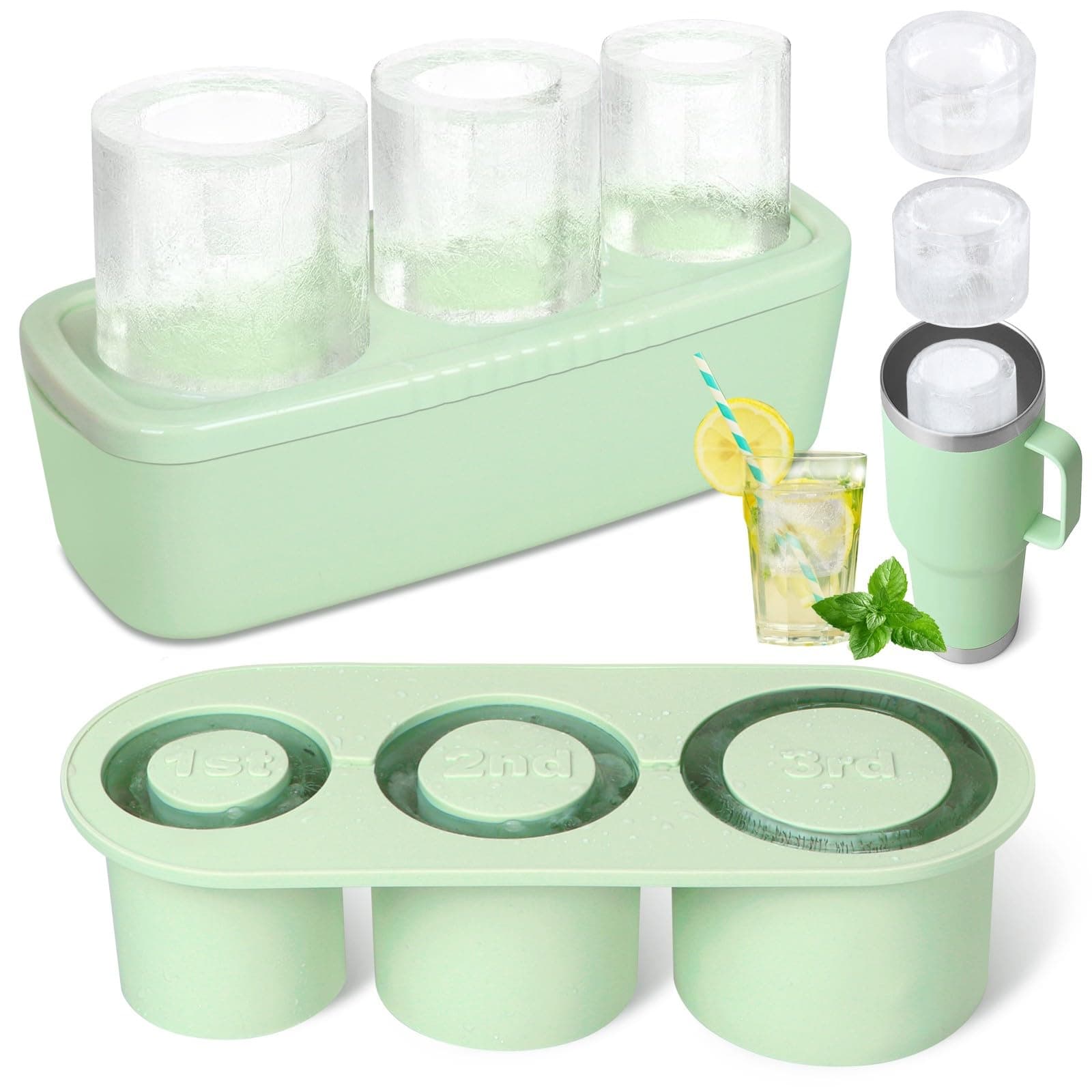 DDMYIce Cube Tray, Stanley Ice Mold Silicone Ice Cube Tray Ice Cube Trays for Freezer, 3 Sizes Hollow Cylinder Ice Trays for Freezer with Lid for 20-40 Oz Tumbler Cup, Easy Fill and Release Ice Mold