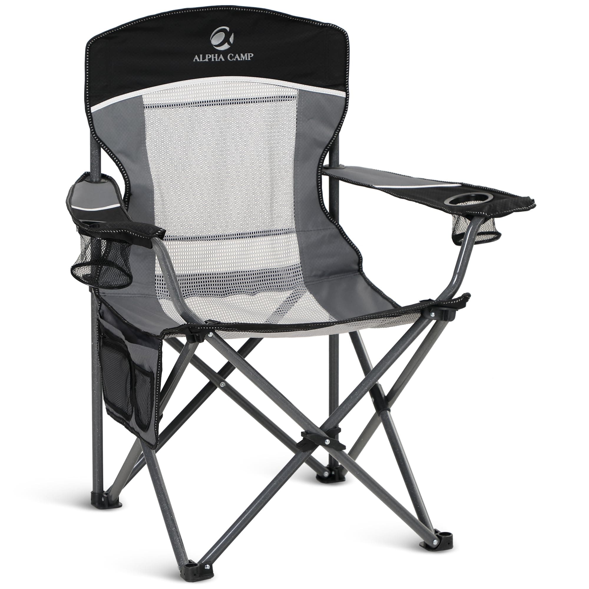 ALPHA CAMP Oversized Mesh Back Camping Folding Chair Heavy Duty Support 350 LBS Collapsible Steel Frame Quad Chair Padded Arm Chair with Cup Holder Portable for Outdoor (Black/Grey)