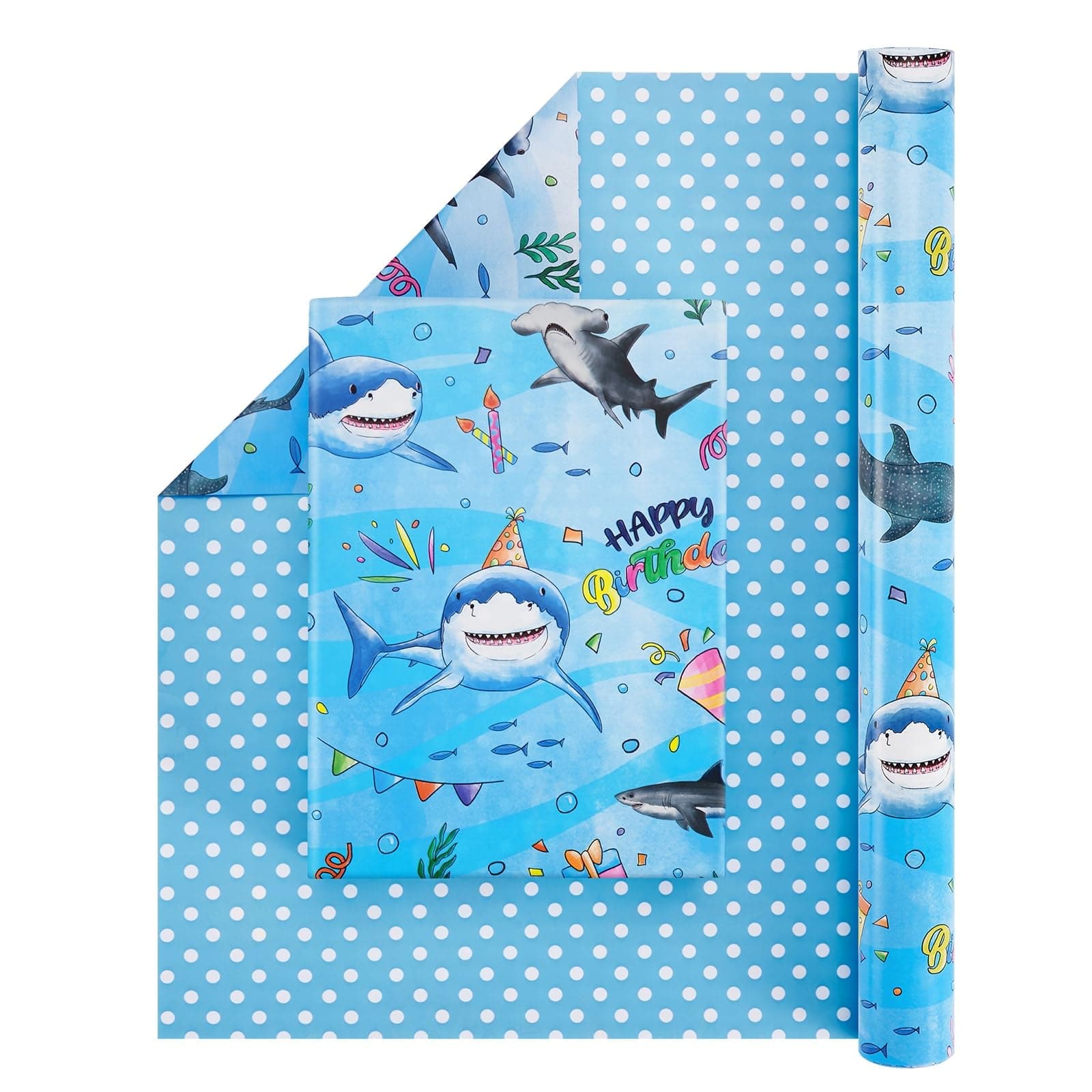 Shark Reversible Wrapping Paper Roll - 1 Roll 17” x 33 ft Happy Birthday Wrapping Paper Roll Kids Blue Ocean Birthday Gift Wrap Roll Boys Wrapping Paper Polka Dot Design Summer Bday Party Favor