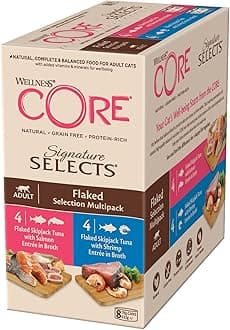 Signature Selects 8 x 79g, Tuna, Salmon & Shrimp Mix – Wet Cat Food, Delicious Flakes in Broth, Grain-Free, Natural, Hypoallergenic, Protein-Rich, High Fish Content