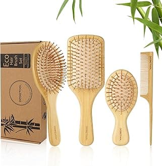 DEBETOOL Bamboo Hair Brush and Comb Set for Women Men and Kids,Natural Bamboo wood Wide-tooth brush and tail comb - Paddle Detangling Brush for Wet Dry Curly Hair