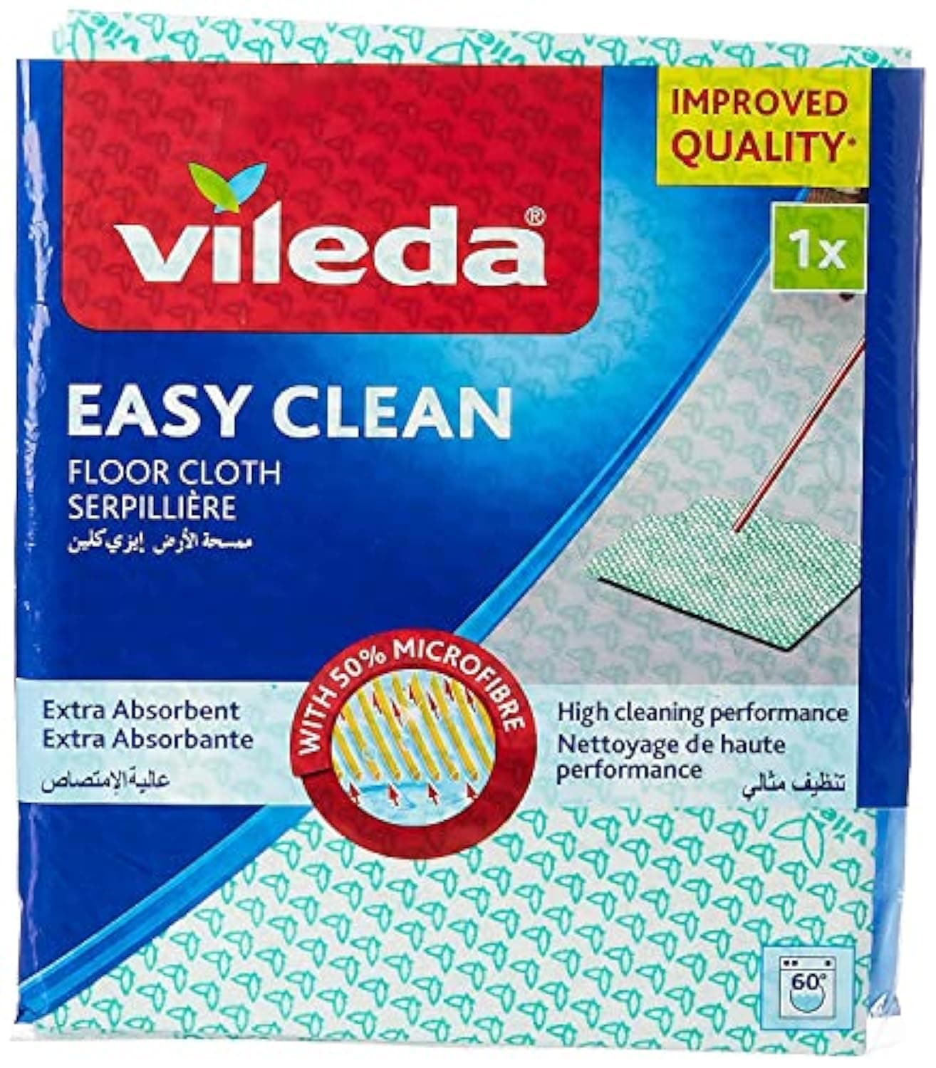 Vileda Easy Clean Floor Cloth, Microfiber, Absorbent, Durable, Stick to Floor Wiper, Hygienically Fresh For Longer, 1 Pc