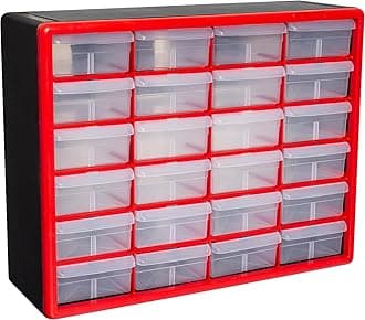 24-Drawer Plastic Drawer Storage Cabinet for Garage Organization, Bead Organizer, Building Bricks Storage, Teacher Toolbox, Makeup Organizer, 20" W x 6" D x 16" H, 10124 Red