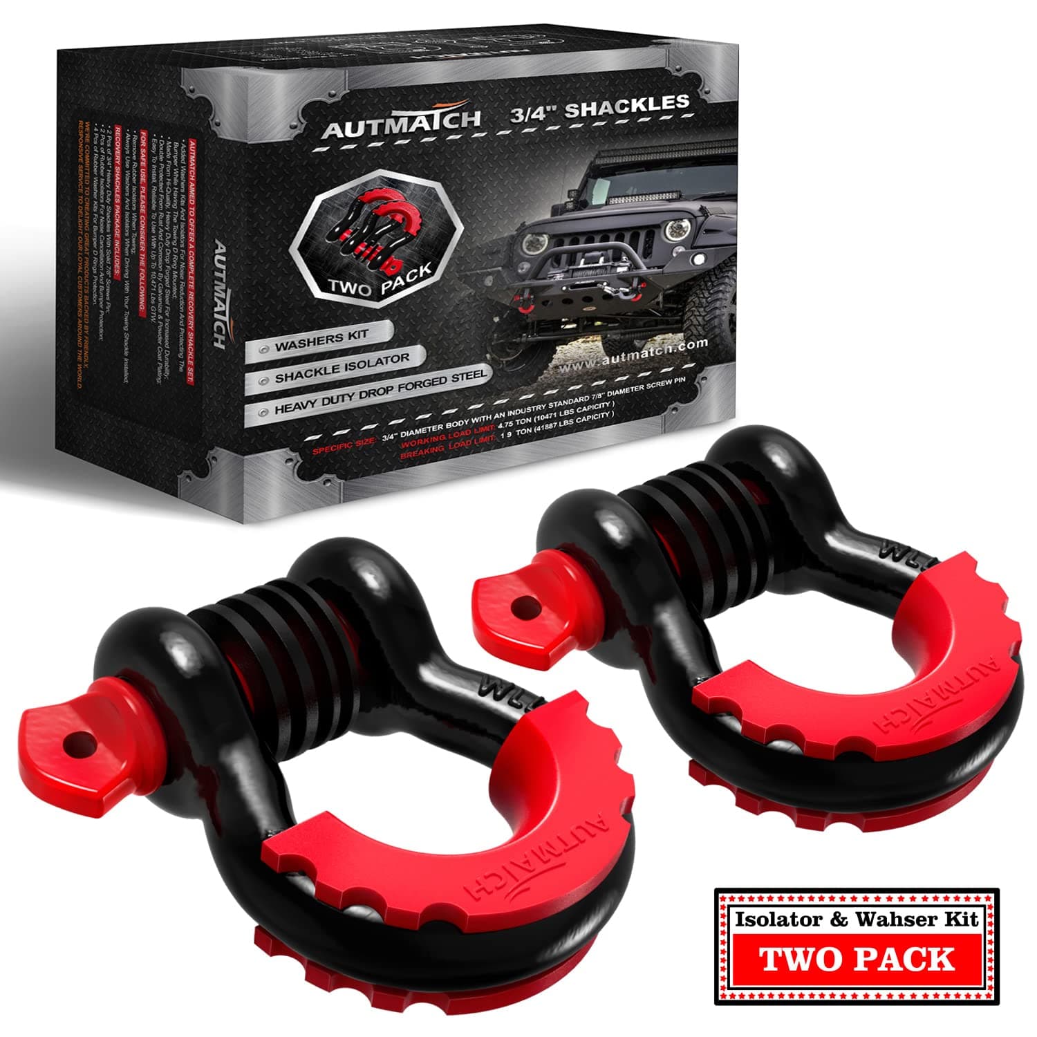 AUTMATCH D Ring Shackle 3/4" Shackles (2 Pack) 41,887Ibs Break Strength, Clevis Shackle with 7/8" Screw Pin and Shackle Isolator Washers Kit for Tow Strap Winch Off Road Vehicle Recovery, Black & Red