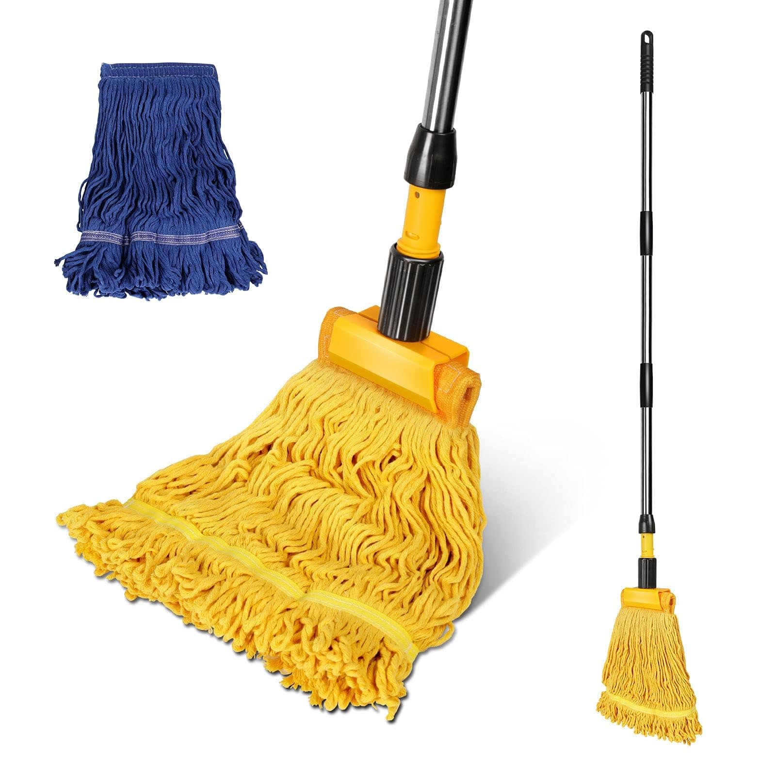 Masthome Looped-end String Wet Mop with 2 Mop Heads,6'' Universal Headband,Industrial Kentucky Cotton Floor Mops with 53.5'' Stainless Steel Handle and Jaw Clamp