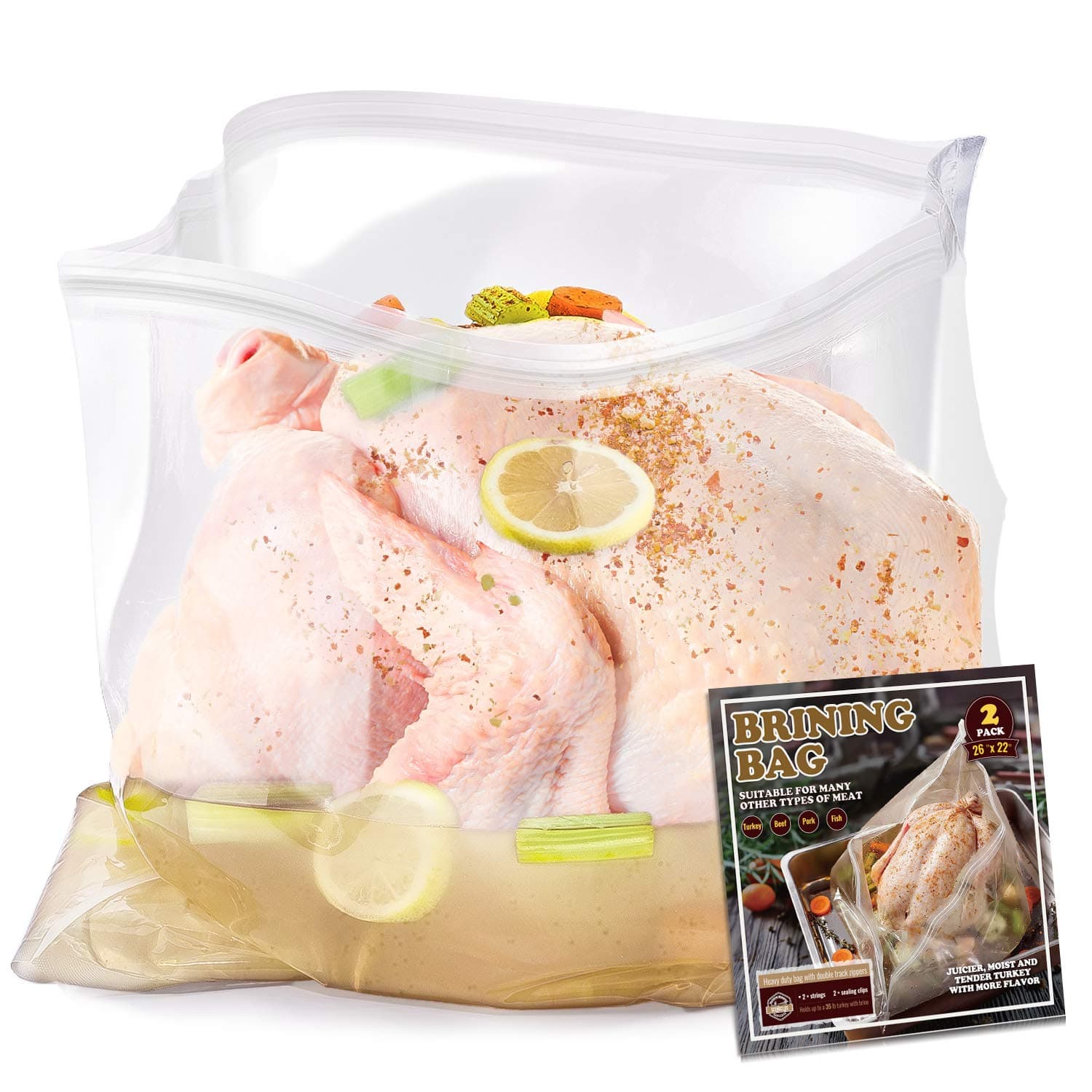 Turkey Brining Bag, 26"×22", 2 Pack, Extra Large Brine Bag with 2 Strings and 2 Larger Clips, Thickened Brining Bag Holds Up to 35 Pounds, Double Zippers Seal Brine Bags for Turkey, Chicken, Beef,Pork