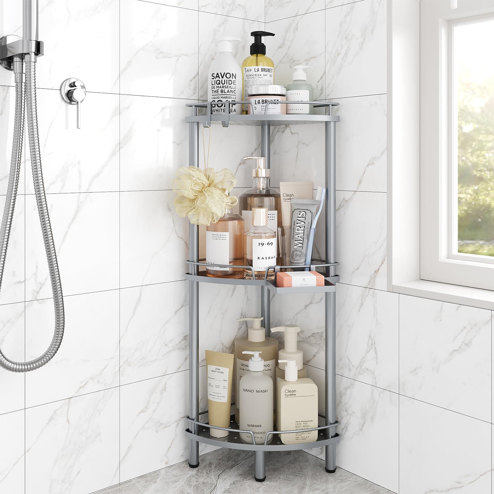 ELYKEN Corner Shower Caddy Standing, 3 Tier Rustproof Metal Shower Organizer with Soap Holder, Floor Shower Corner Shelf Rack Storage Stands with Adjustable Feet & 2 Hooks for Bathroom, Silver