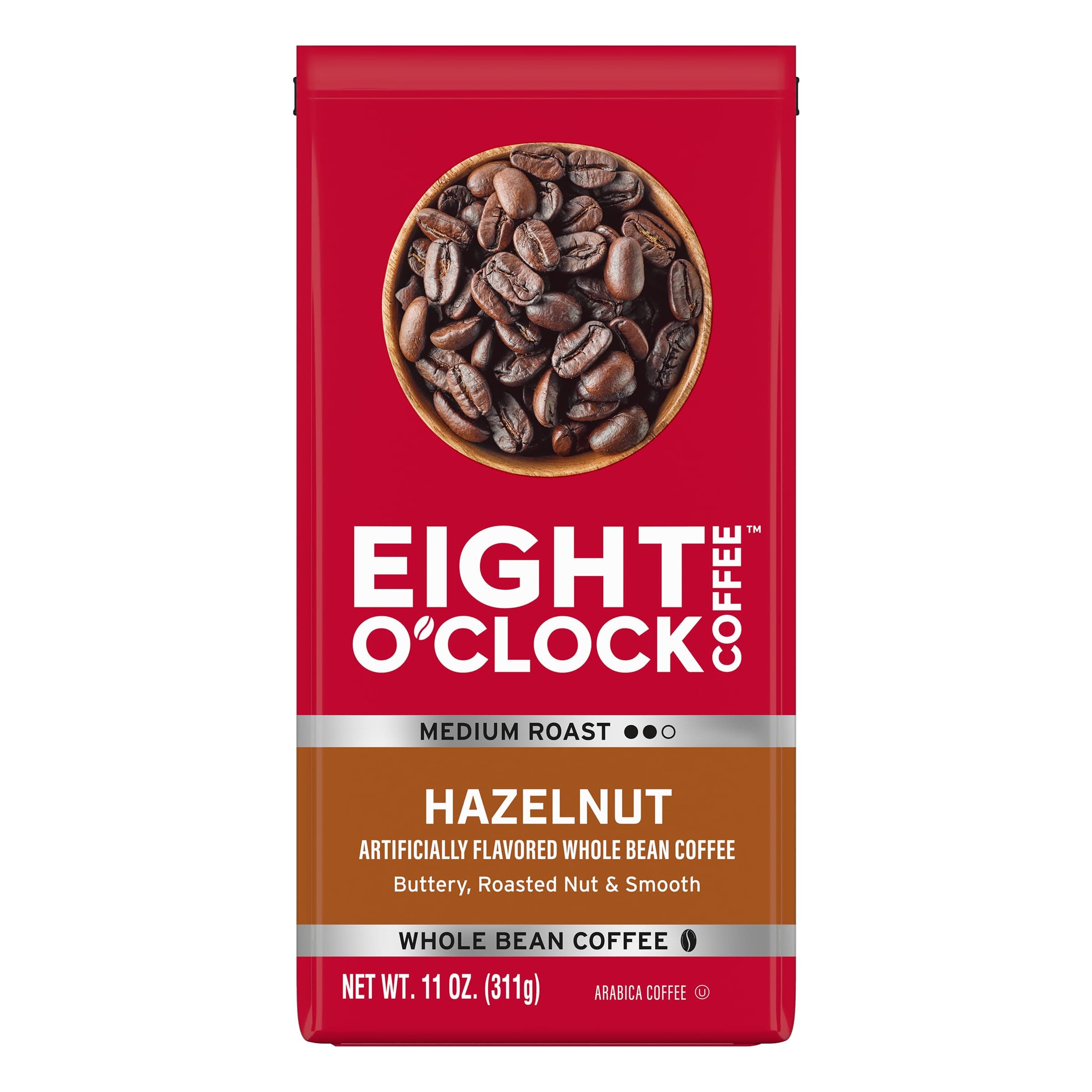 Eight O'Clock Coffee Hazelnut Whole Bean Coffee, Medium Roast, 11 Ounce (Pack of 6) - Buttery, Smooth & Nutty