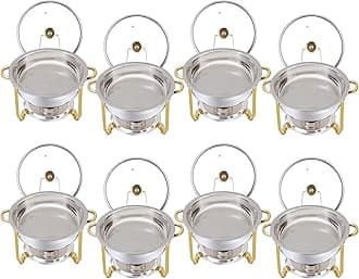 Chafing Dish Buffet Set 5 QT Stainless Steel Chafing Dishes Round Buffet Food Warmer Chafers Set for Parties Catering Event with Glass Lid, Lid Holder 8PCS