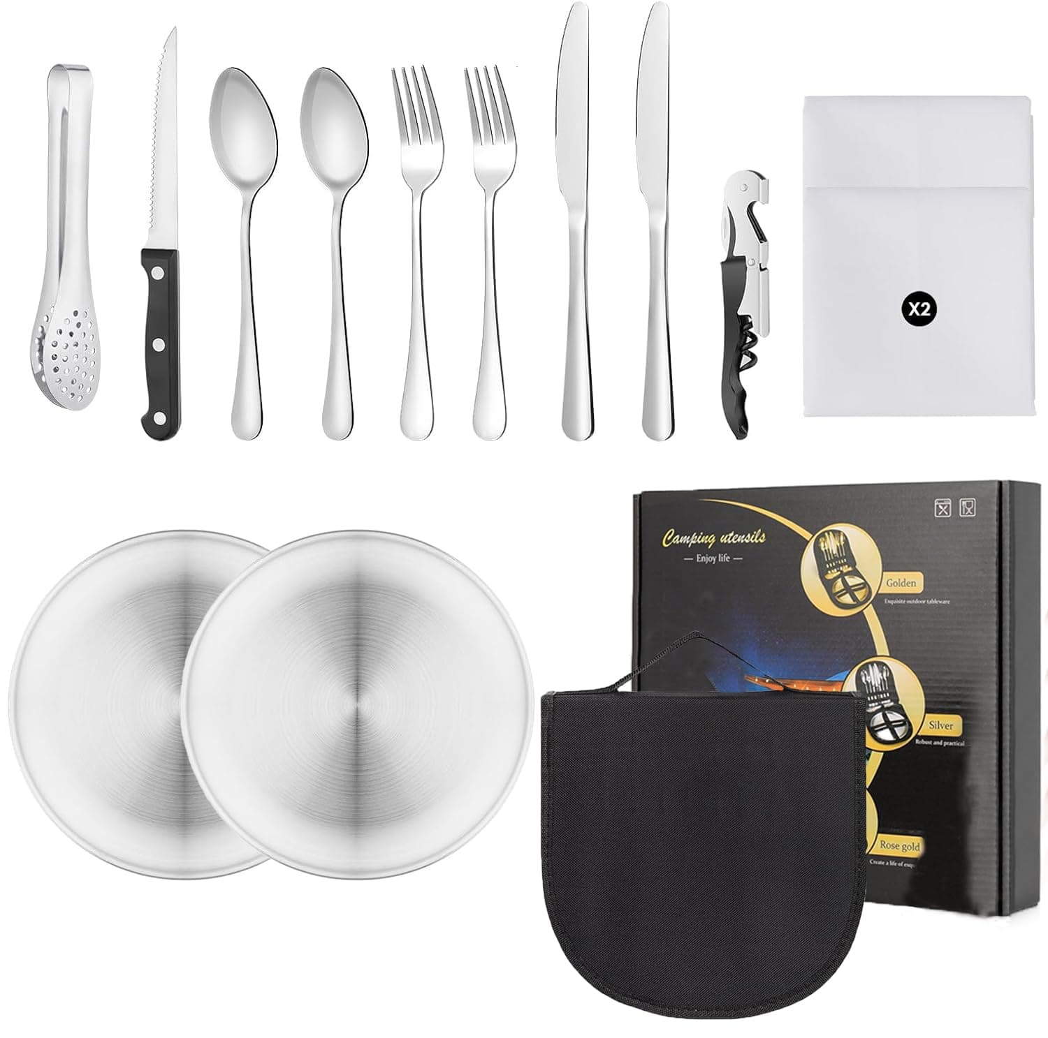 Camping Dining Set for 2, Picnic Set 14 Pcs, Picnic Knife and Fork Sets with Spoons Clip Camping Plate Bottle Opener, Hiking Picnic Travel Cutlery Set Fishing Gifts for Men