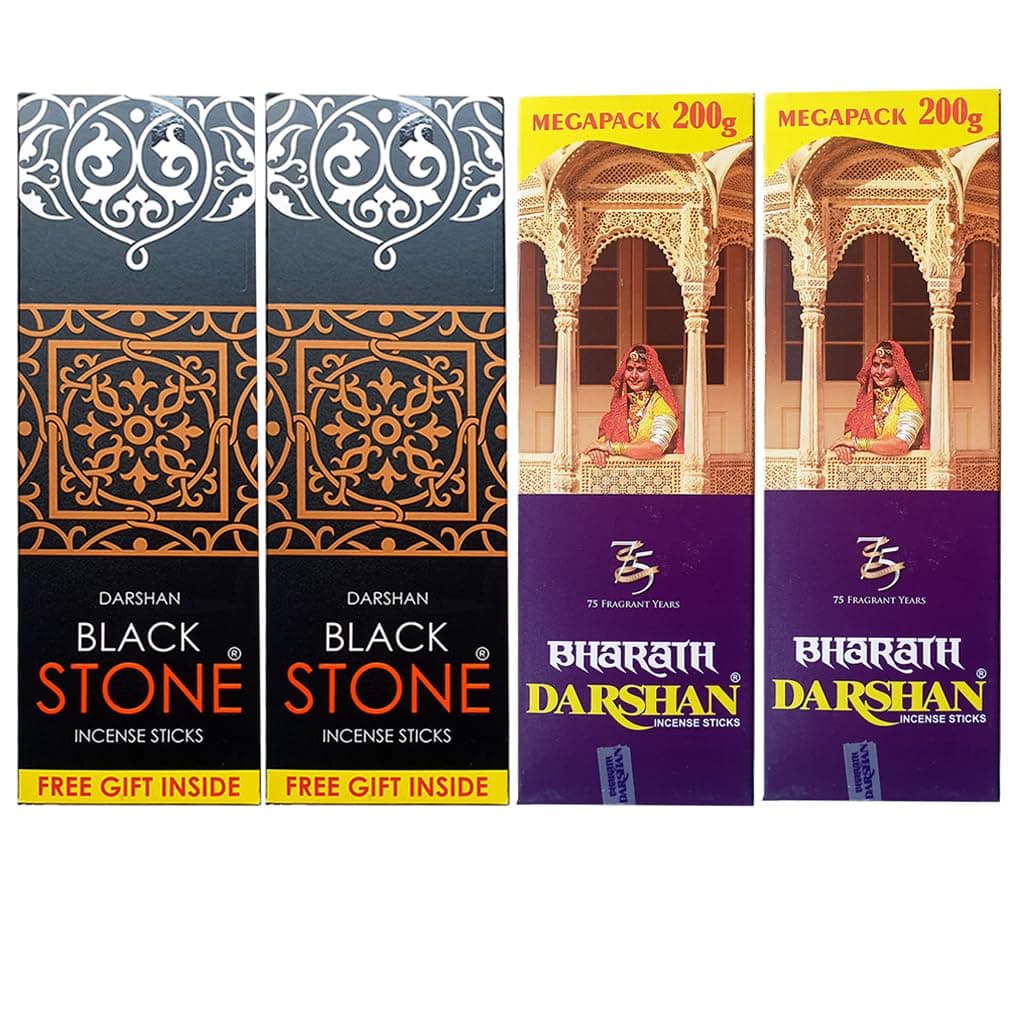 Darshan Incense - Black Stone Incense Sticks (Agarbatti) Box Pack of 2 (Each 180g) + Bharath Darshan Incense Sticks (Agarbatti) Box - Pack of 2 (Each 175 Grams)