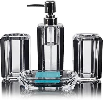 4-Piece Premium Acrylic Bathroom Set - LGURT Modern Black Bathroom Accessories Soap Dispenser Dish Cup Toothbrush Holder Soap Dish