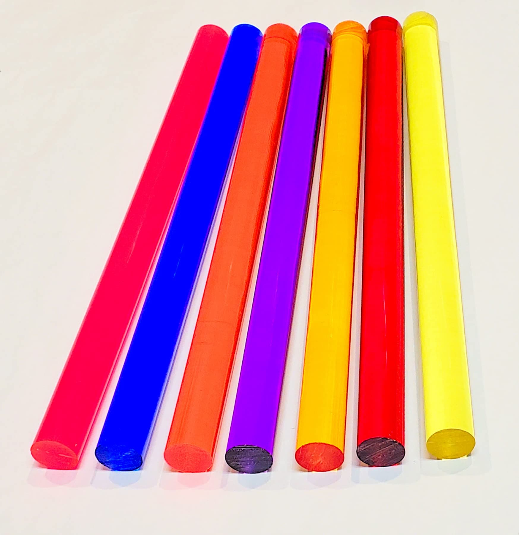 7 Different Color Clear Acrylic Plexiglass Plastic Rods 3/4” Diameter x 11 1/4" Long - Pink, Amber, Blue, Red, Yellow, Orange, & Purple
