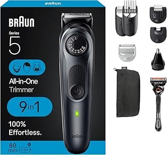 Braun All-in-One Style Kit Series 5 5470, 9-in-1 Trimmer for Men w/Beard Trimmer, Body Trimmer for Manscaping, Gillette Fusion5 ProGlide Razor, 40 Length Settings, Rechargeable Battery, Cordless