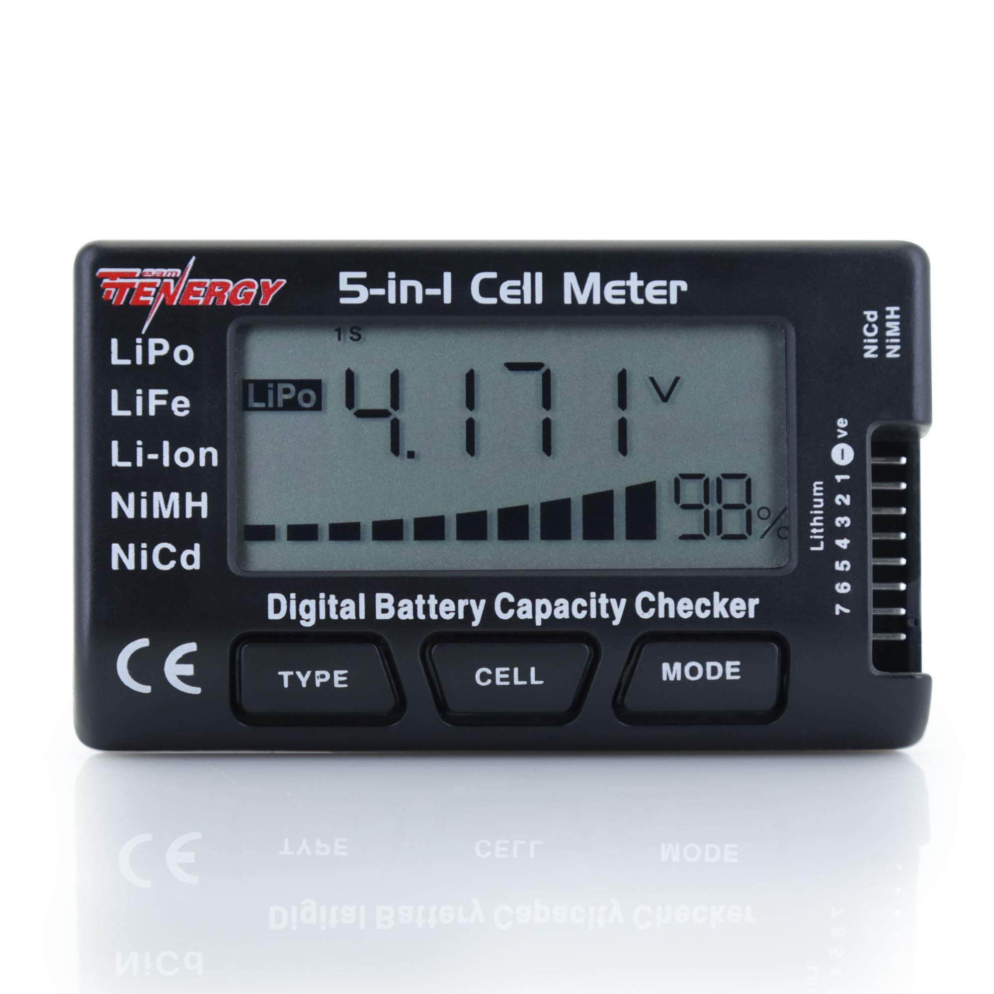 Tenergy 5-in-1 Battery Meter, Intelligent Cell Meter Digital Battery Checker/Balancer for LiPo / LiFePO4 / Li-ion/NiCd/NiMH Battery Packs