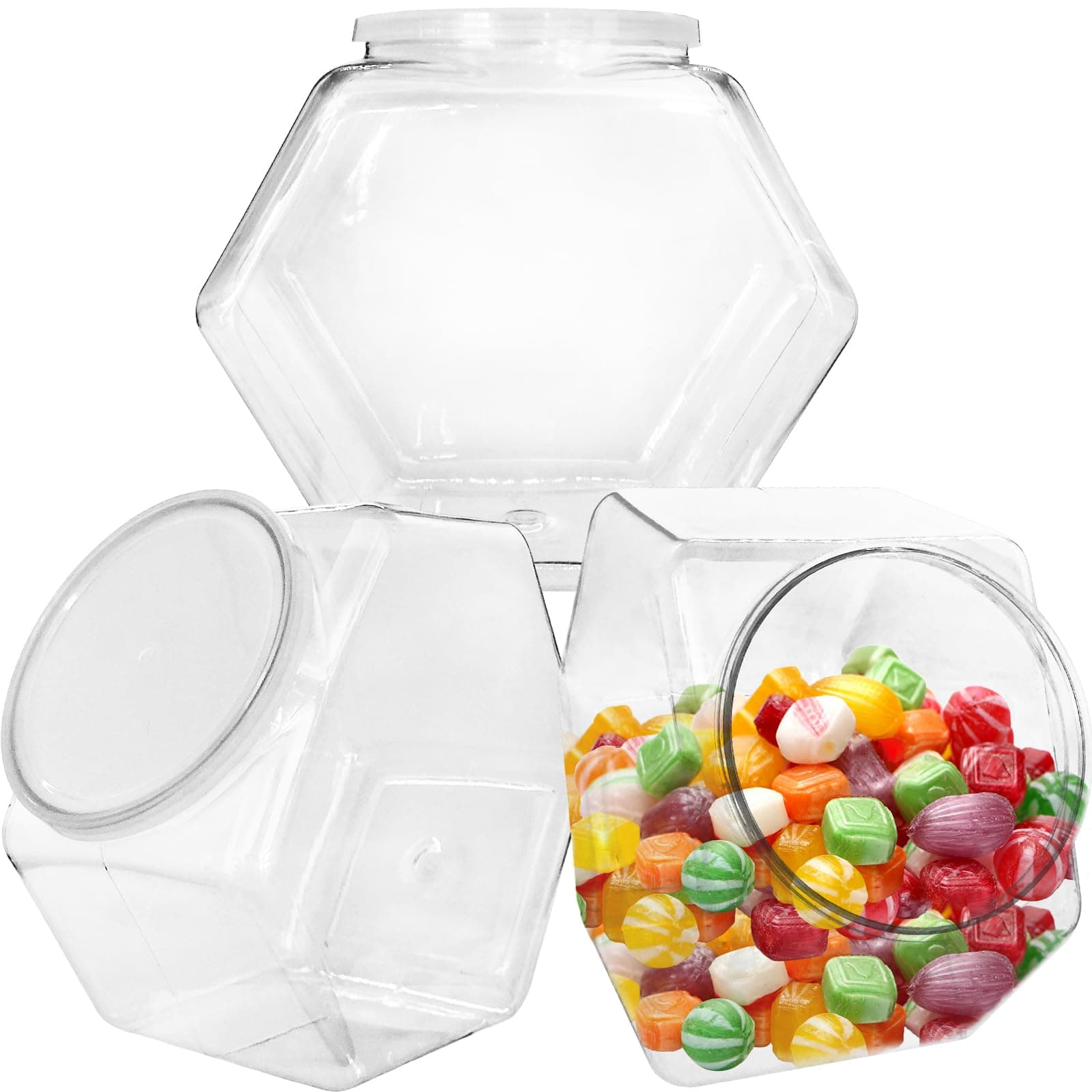 3 Pcs Plastic Candy Jars,Clear Cookie Jars 71 Oz for Kitchen Counter,Hexagon Cookie Jars with Lids,Plastic Dry Food Jar for Candy Buffet