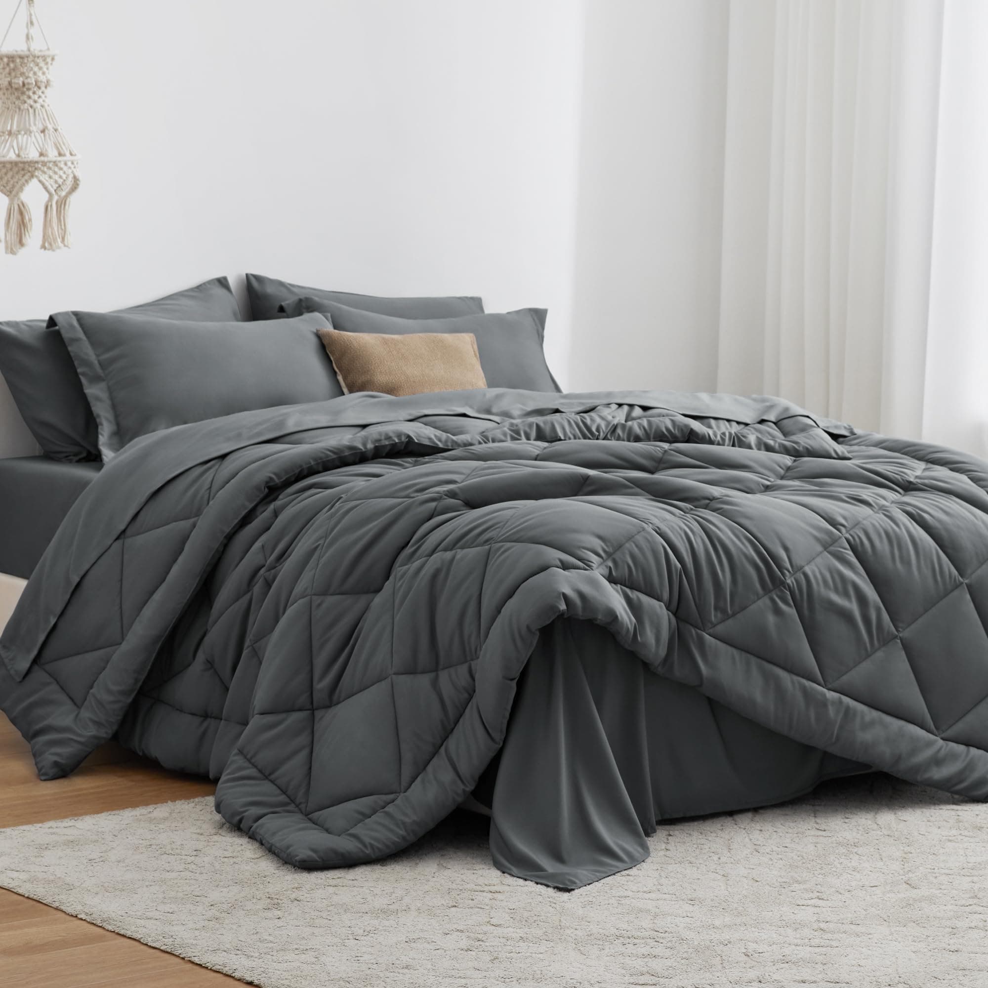 Love's cabin King Size Comforter Set Dark Grey, 7 Pieces King Bed in a Bag, All Season Bedding Sets with 1 Comforter, 1 Flat Sheet, 1 Fitted Sheet, 2 Pillowcase and 2 Pillow Sham